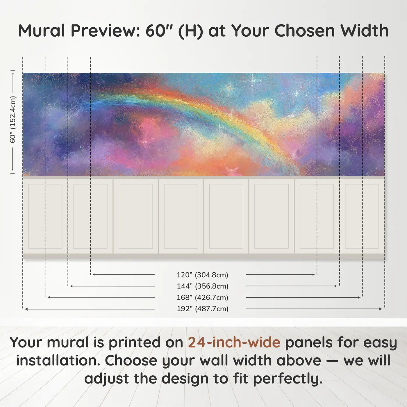 Panel dimensions for Pastel Rainbow Cloud Baby Wainscoting Wallpaper by Whimsy Tots