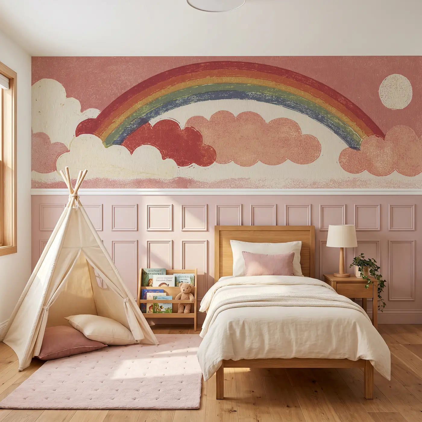 Block Print rainbow cloud band wainscoting wallpaper for bedroom by Whimsy Tots.