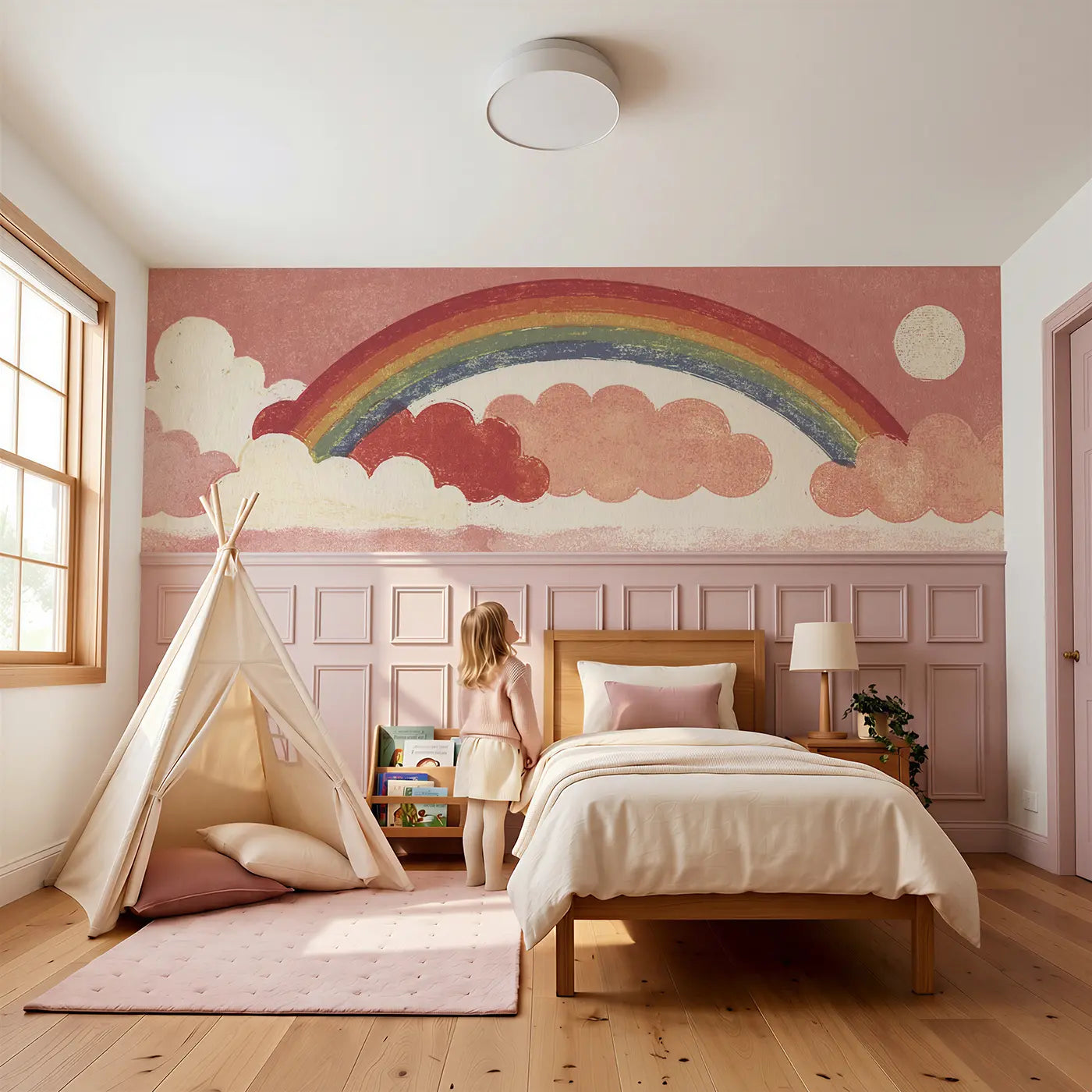 Child reading near Carved Rainbow Cloud Band Wainscoting Wallpaper by Whimsy Tots