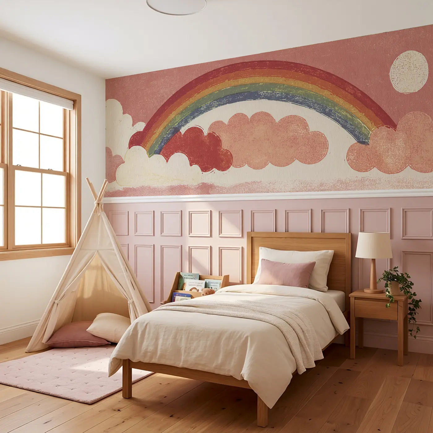 Carved Rainbow Cloud Band Wainscoting Wallpaper styled in a kids bedroom by Whimsy Tots
