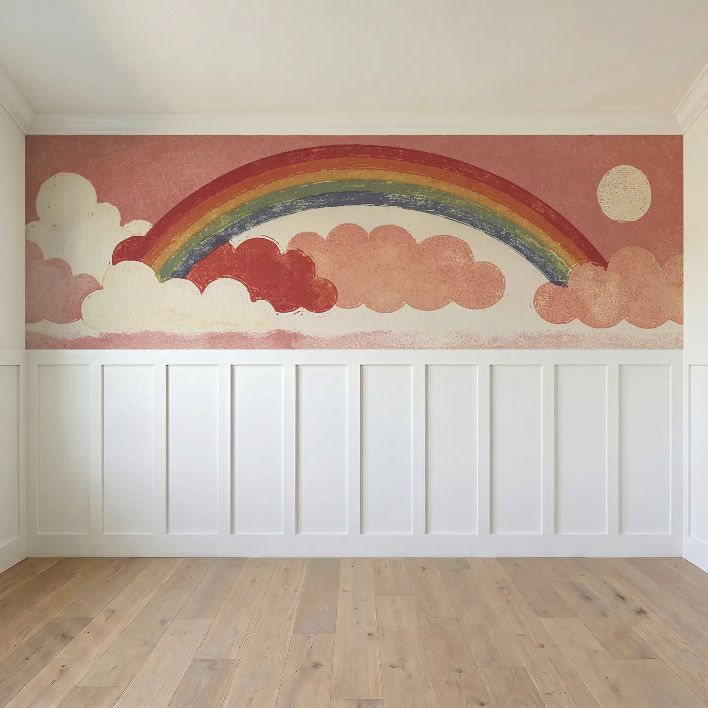 Full panel view of Carved Rainbow Cloud Band Wainscoting Wallpaper by Whimsy Tots