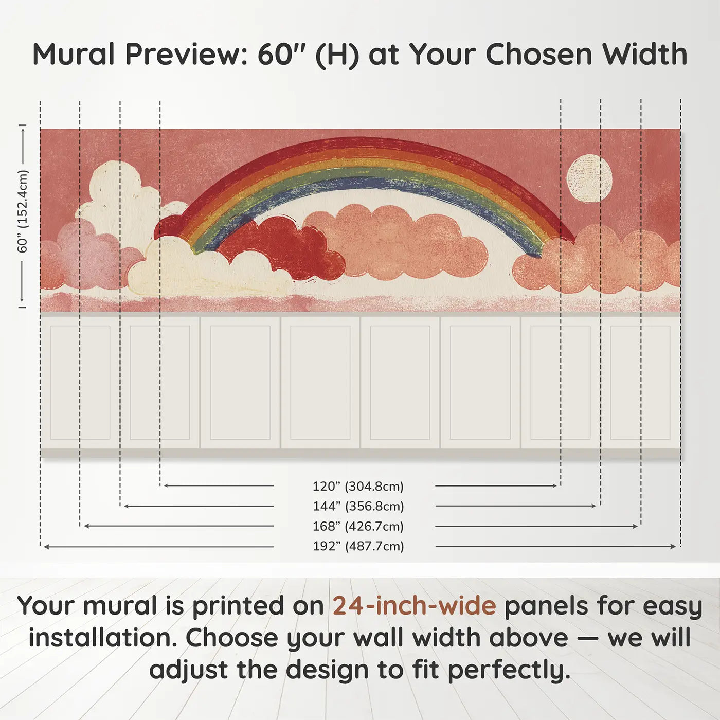 Panel dimensions for Carved Rainbow Cloud Band Wainscoting Wallpaper by Whimsy Tots