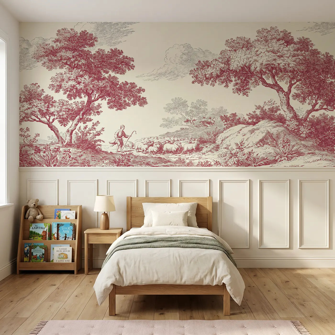 Botanical Elegance shepherd flock sunrise toile wainscoting wallpaper for bedroom by Whimsy Tots.