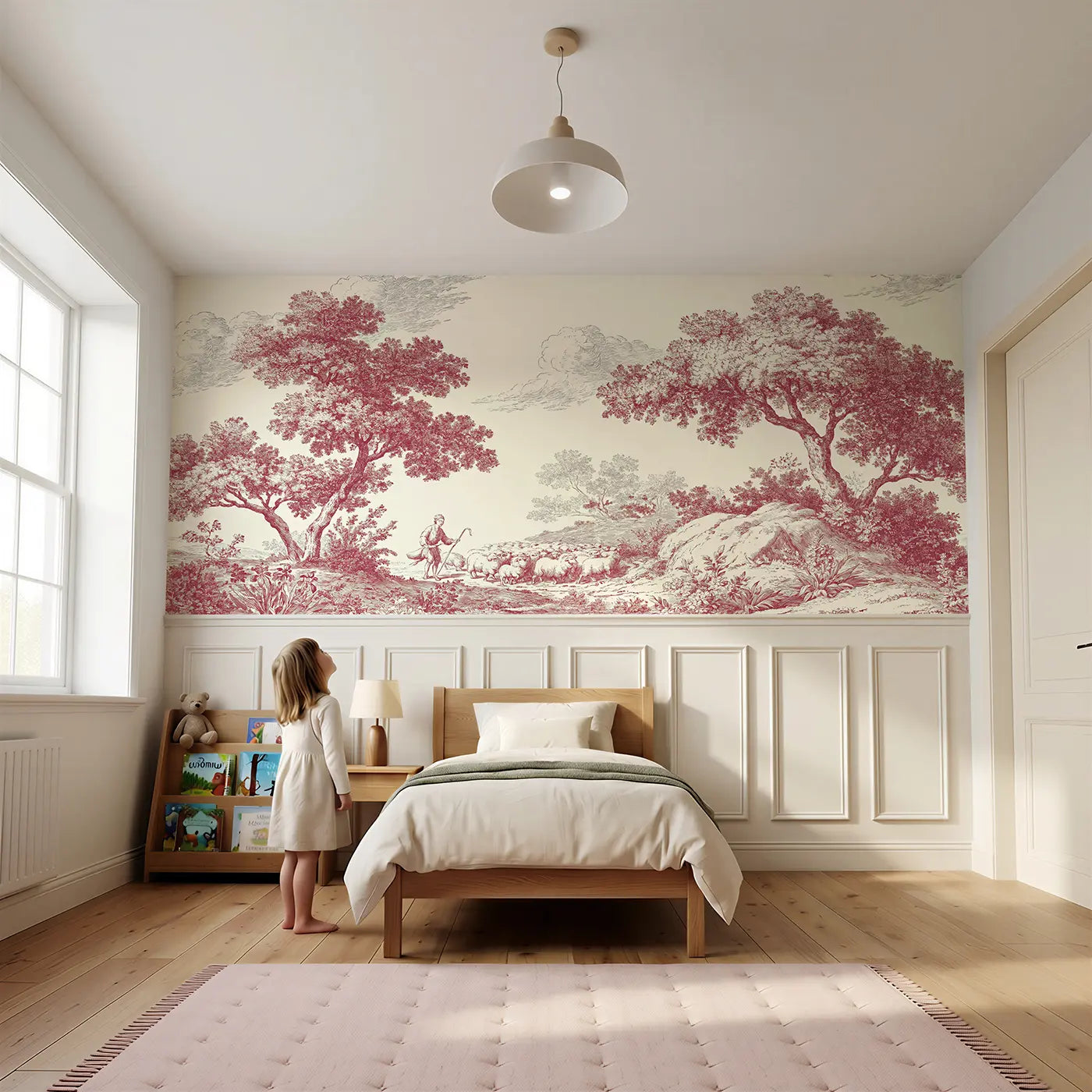 Child reading near Shepherd Flock Sunrise Toile Wainscoting Wallpaper by Whimsy Tots