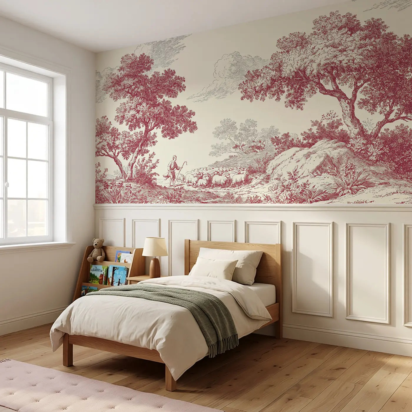 Shepherd Flock Sunrise Toile Wainscoting Wallpaper styled in a kids bedroom by Whimsy Tots