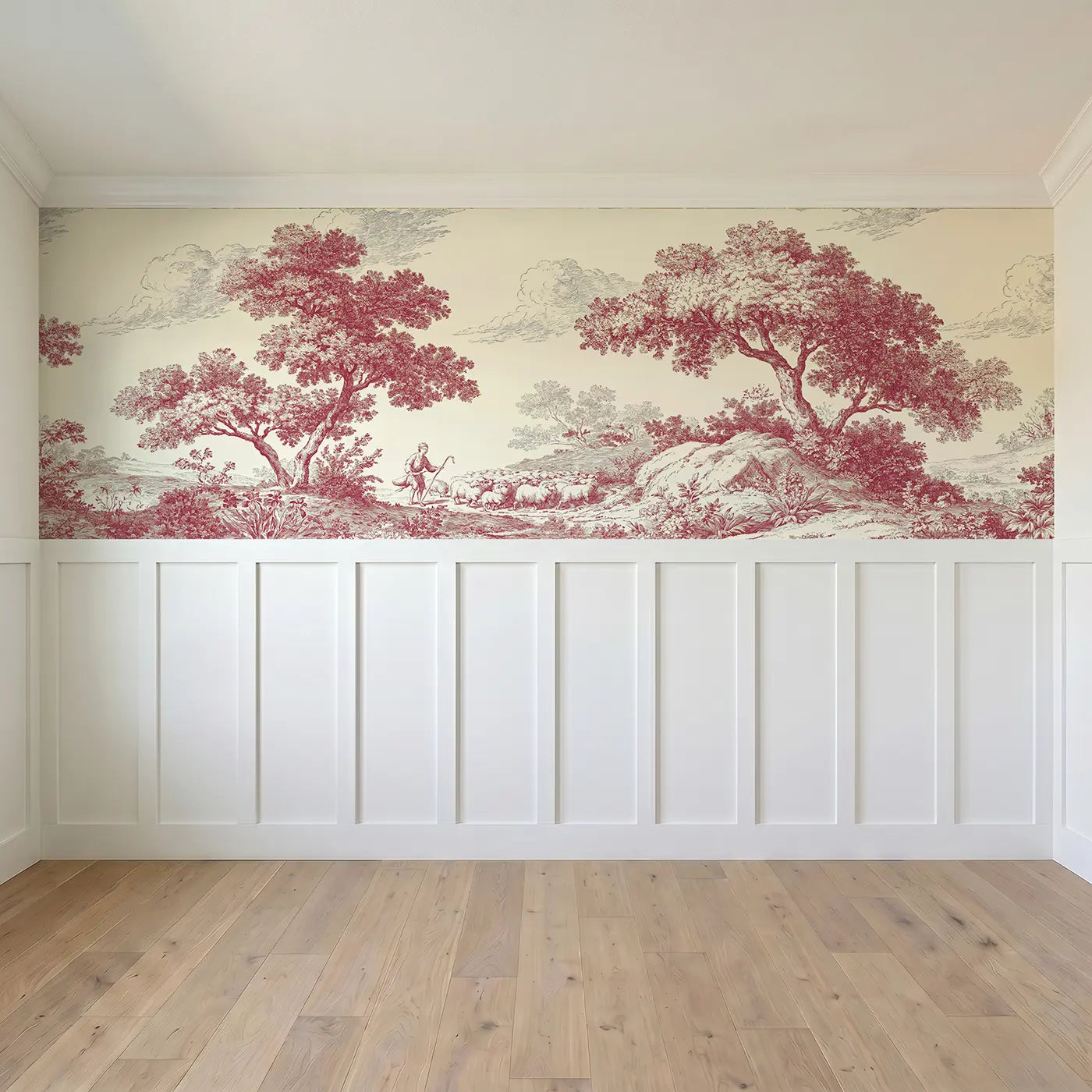 Full panel view of Shepherd Flock Sunrise Toile Wainscoting Wallpaper by Whimsy Tots