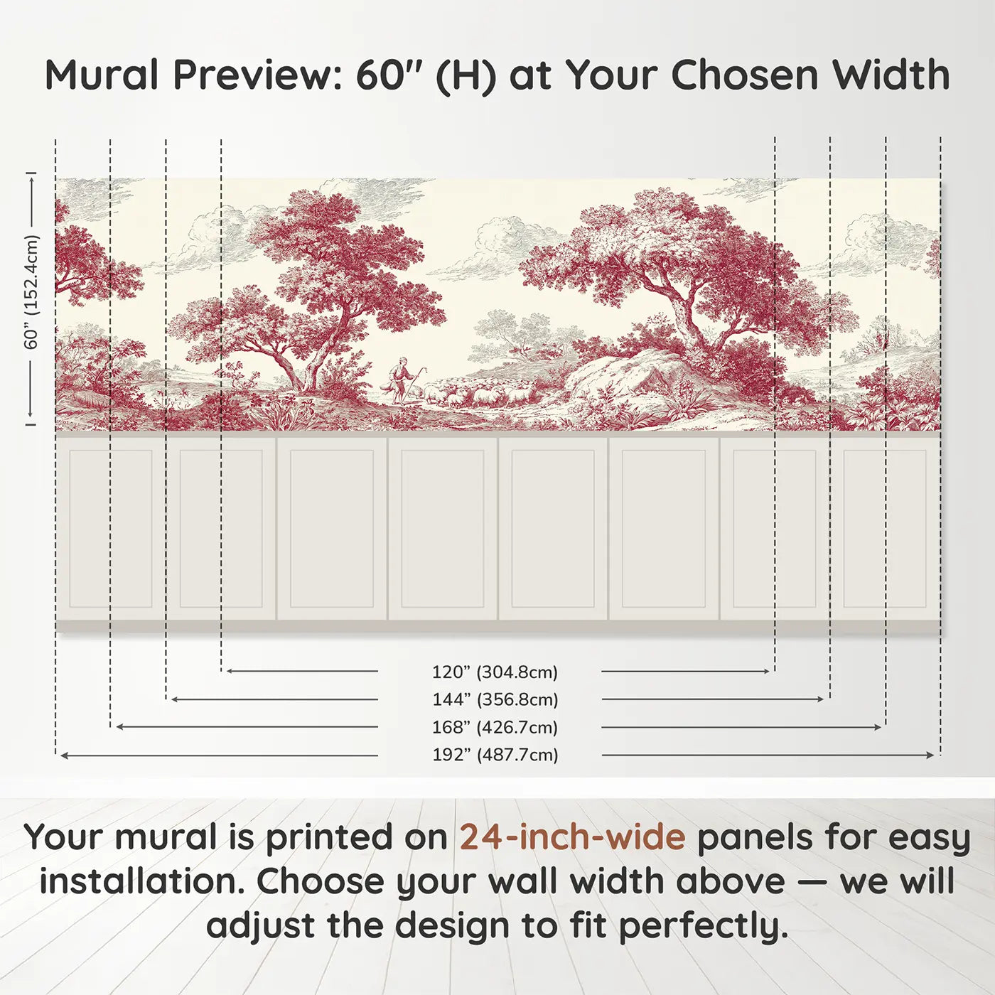 Panel dimensions for Shepherd Flock Sunrise Toile Wainscoting Wallpaper by Whimsy Tots