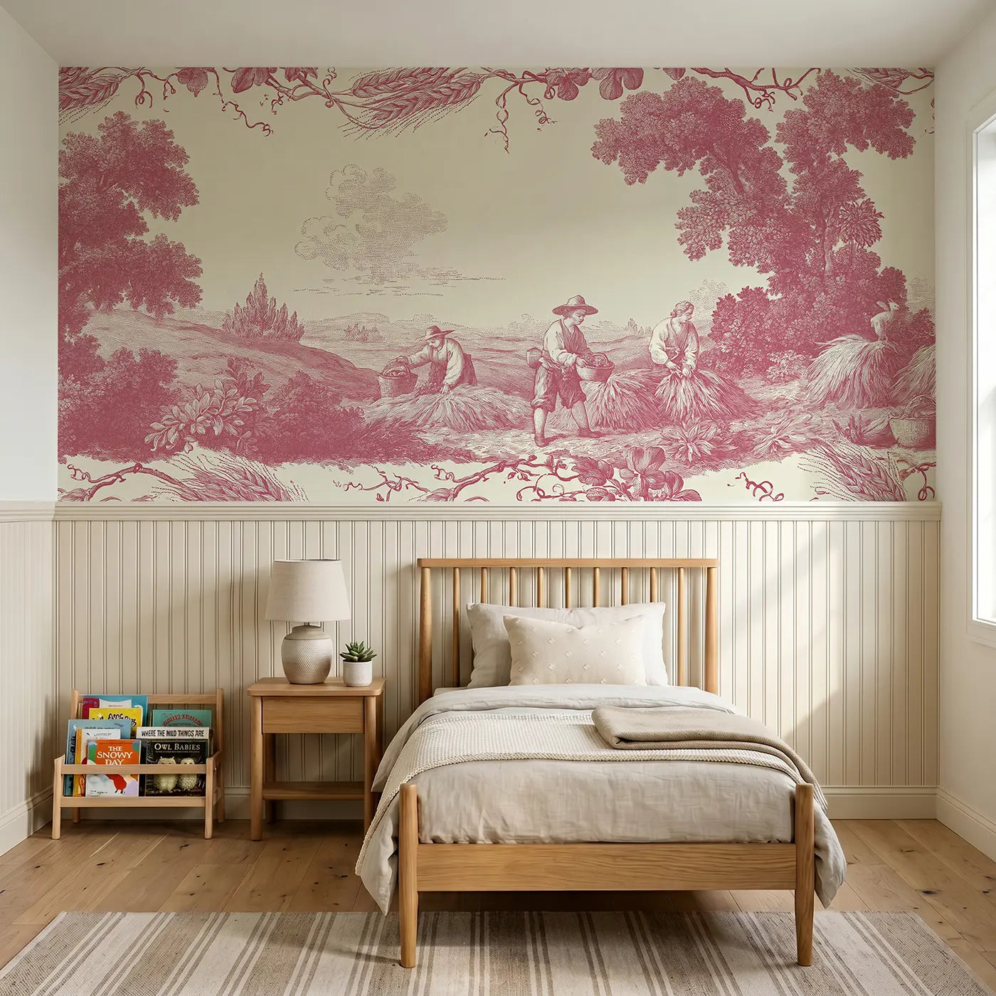 Botanical Elegance farm harvest pastoral toile wainscoting wallpaper for bedroom by Whimsy Tots.