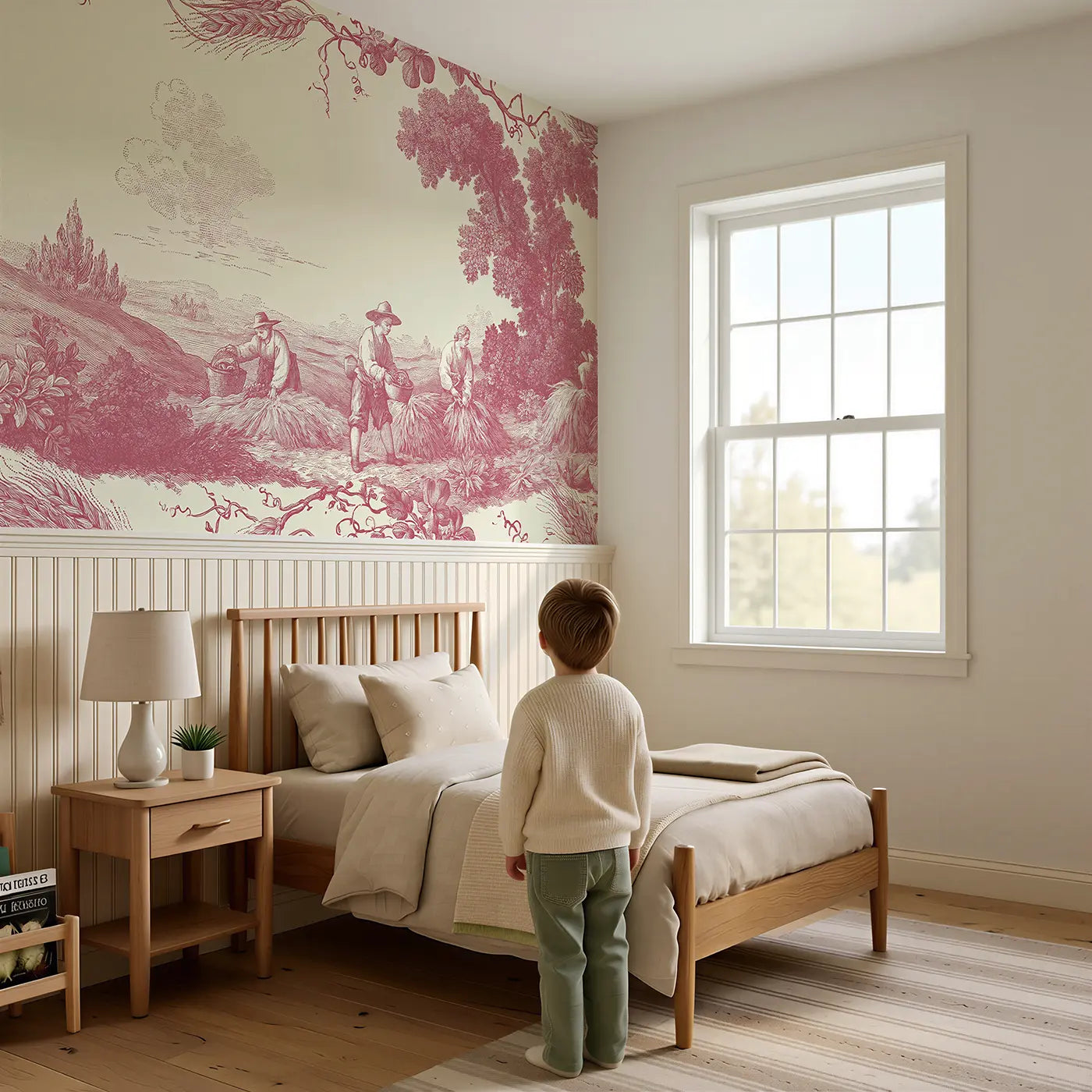Child reading near Farm Harvest Pastoral Toile Wainscoting Wallpaper by Whimsy Tots