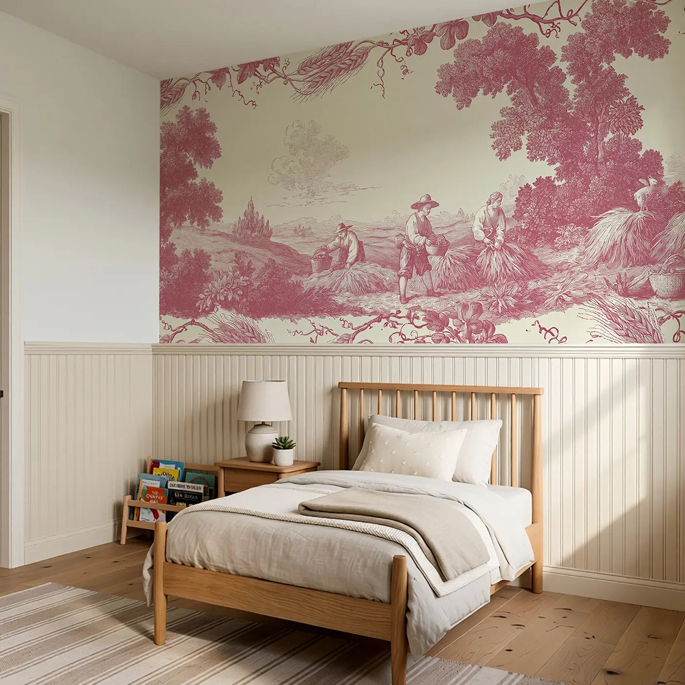 Farm Harvest Pastoral Toile Wainscoting Wallpaper styled in a kids bedroom by Whimsy Tots