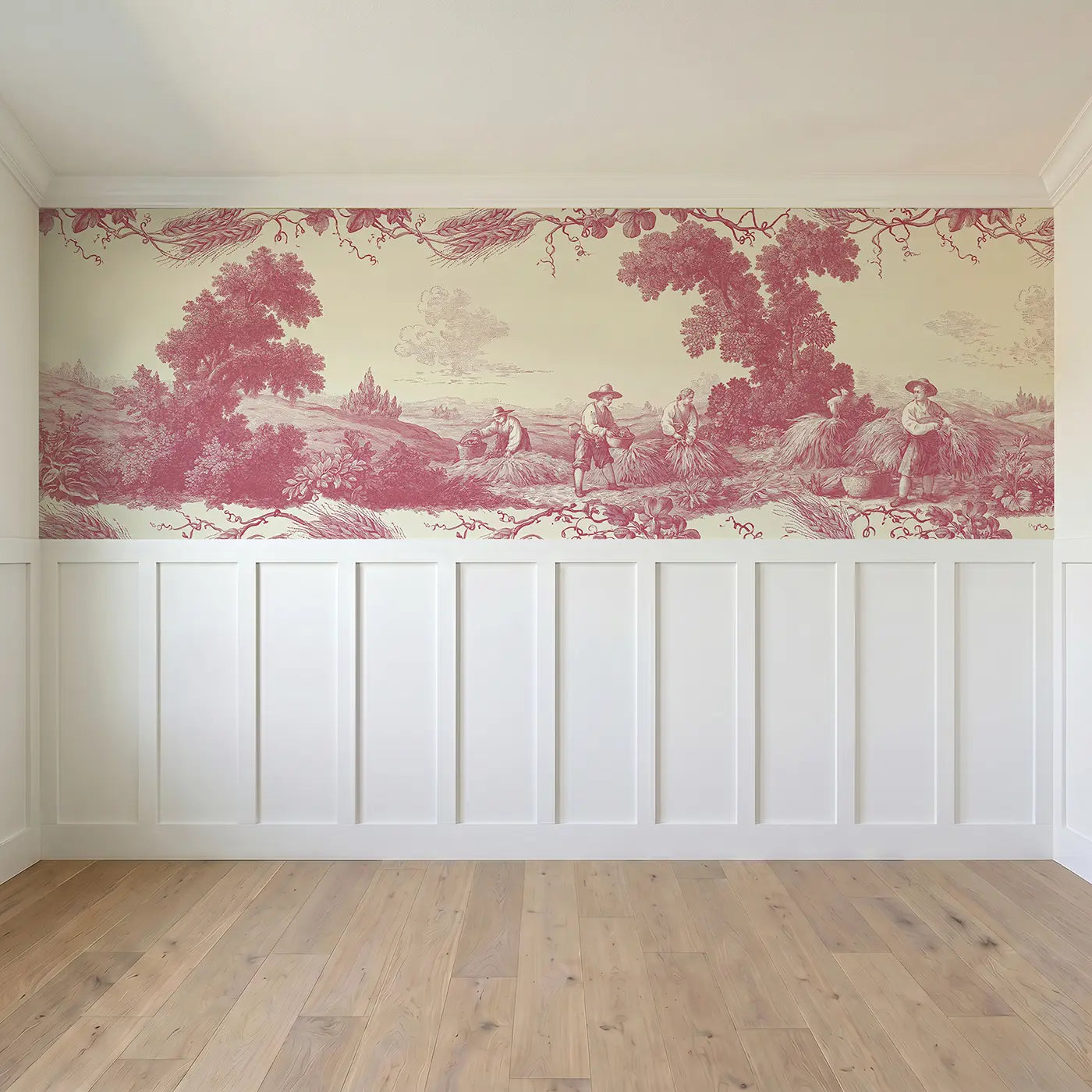 Full panel view of Farm Harvest Pastoral Toile Wainscoting Wallpaper by Whimsy Tots