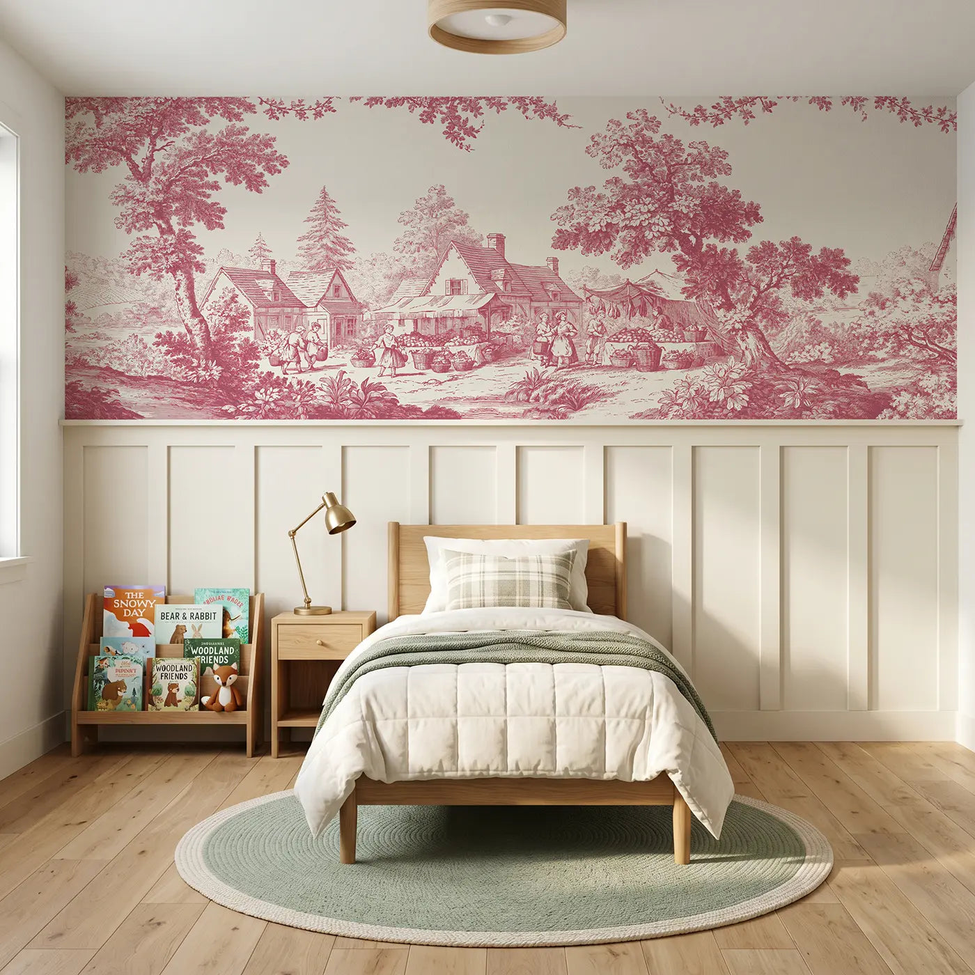 Botanical Elegance village market day toile wainscoting wallpaper for bedroom by Whimsy Tots.
