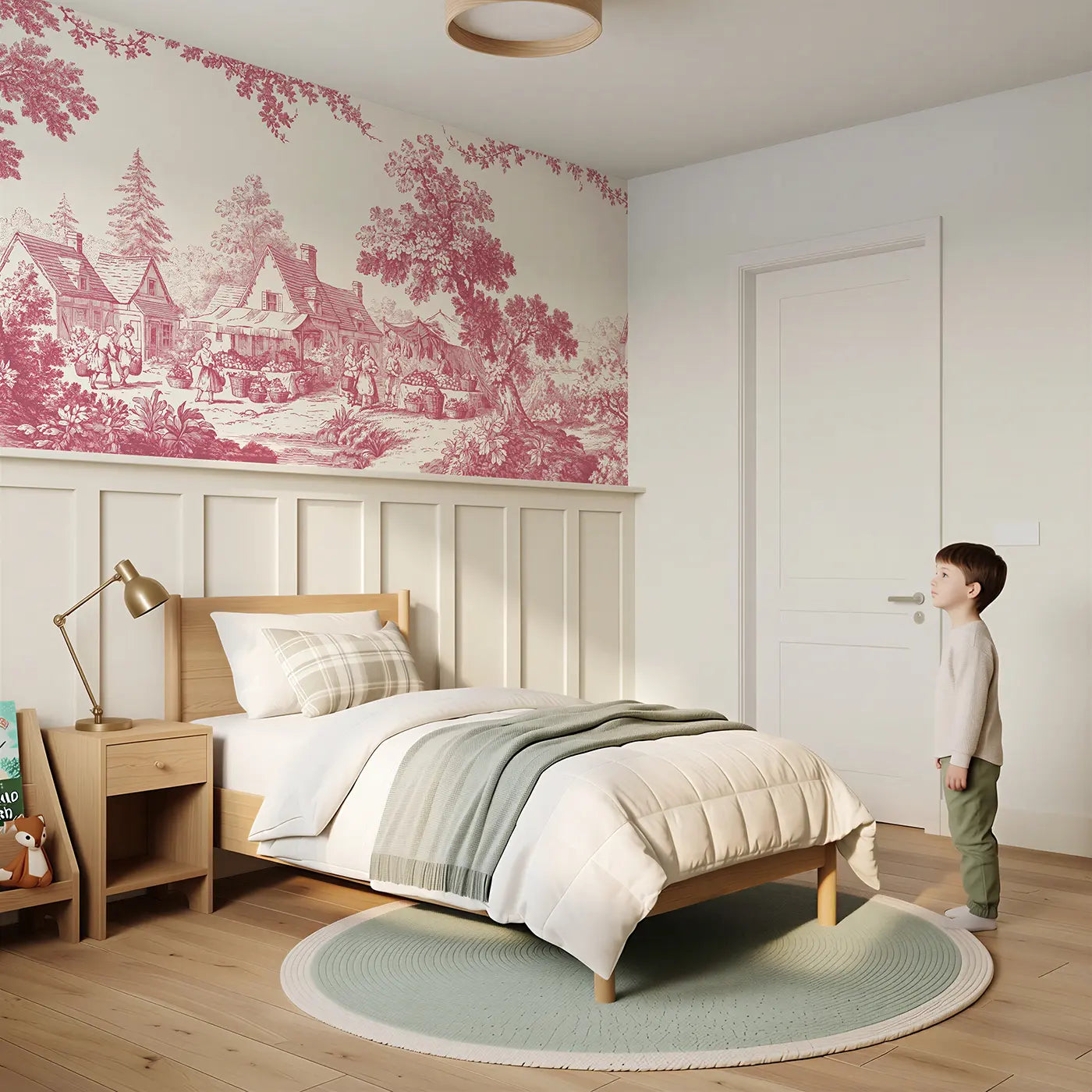 Child reading near Village Market Day Red Toile Wainscoting Wallpaper by Whimsy Tots