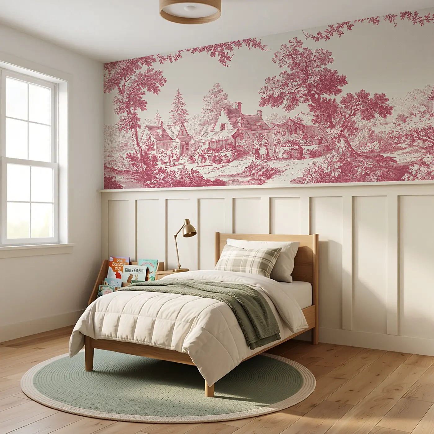 Village Market Day Red Toile Wainscoting Wallpaper styled in a kids bedroom by Whimsy Tots