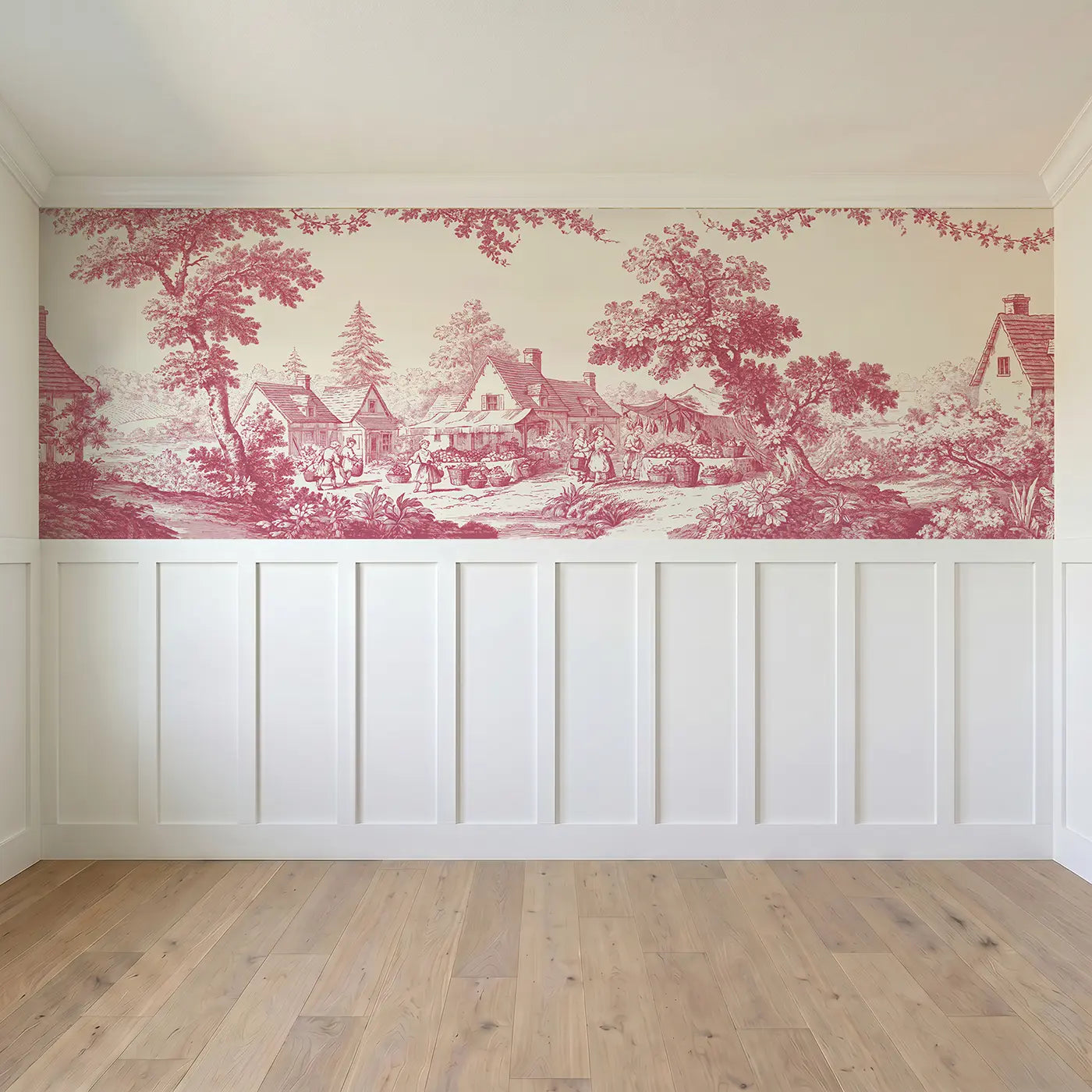Full panel view of Village Market Day Red Toile Wainscoting Wallpaper by Whimsy Tots