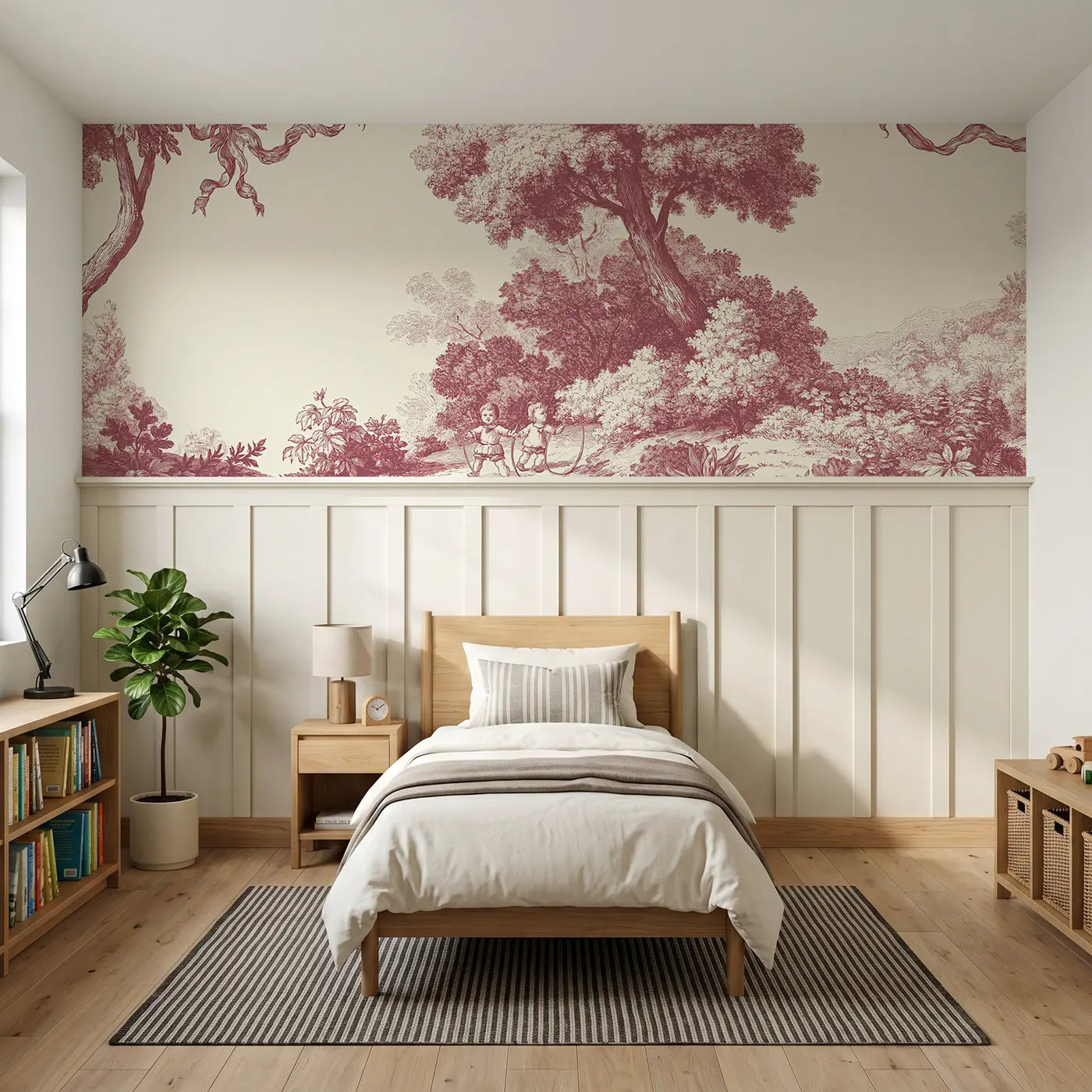 Botanical Elegance child fishing pond toile wainscoting wallpaper for bedroom by Whimsy Tots.