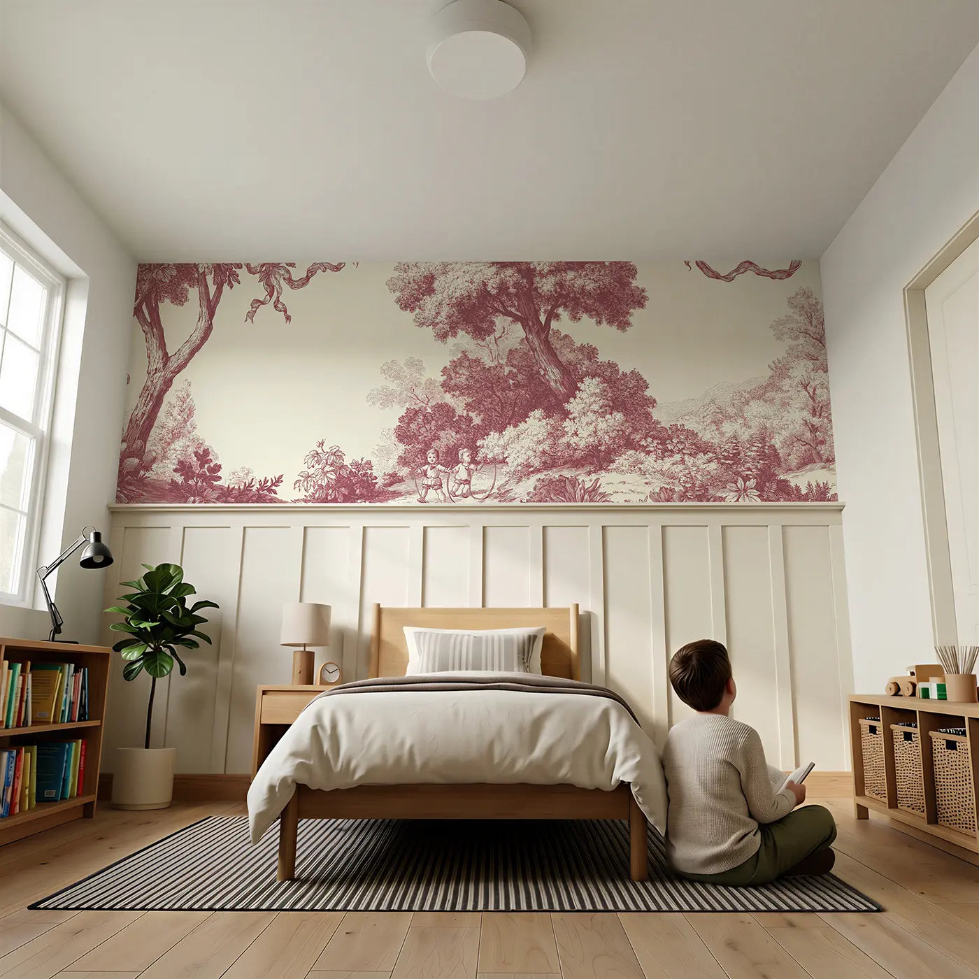 Child reading near Child Fishing Pond Toile Wainscoting Wallpaper by Whimsy Tots