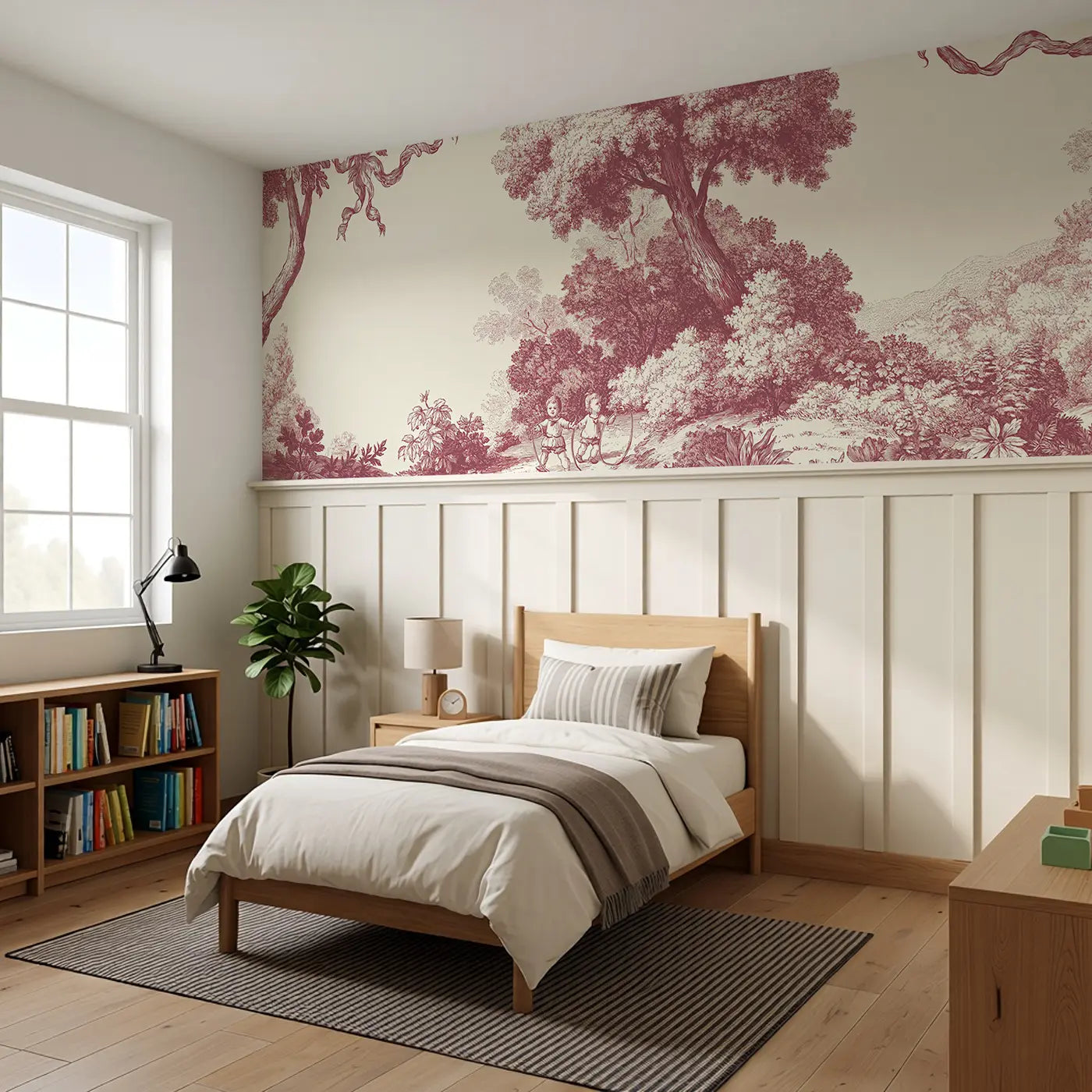 Child Fishing Pond Toile Wainscoting Wallpaper styled in a kids bedroom by Whimsy Tots