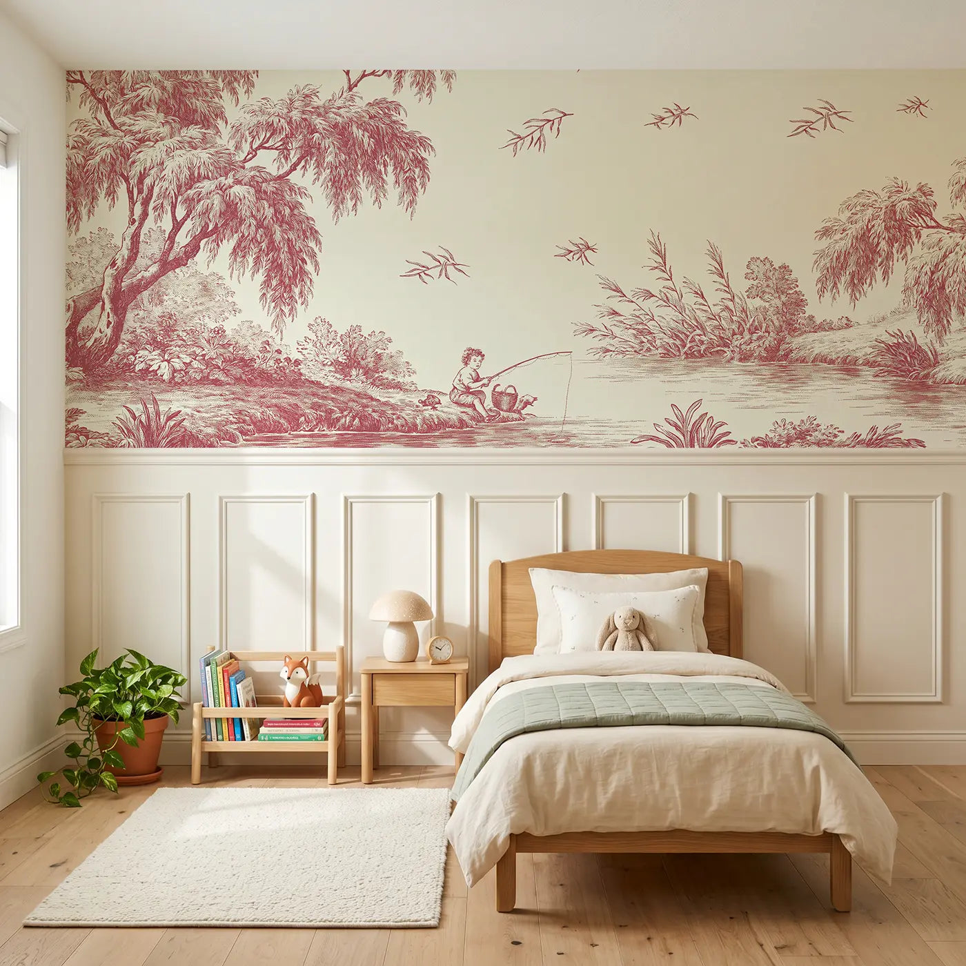 Botanical Elegance children hoop rolling toile wainscoting wallpaper for bedroom by Whimsy Tots.