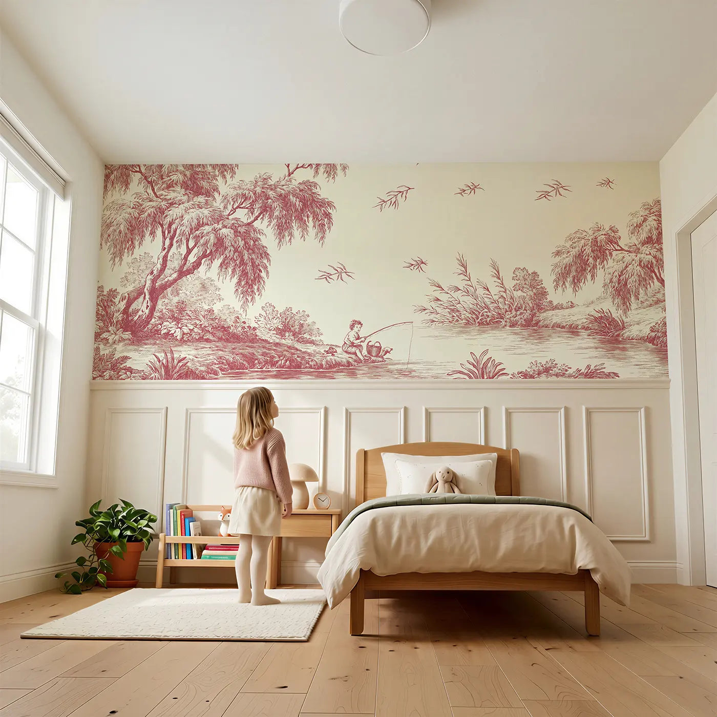 Child reading near Children Hoop Rolling Toile Wainscoting Wallpaper by Whimsy Tots