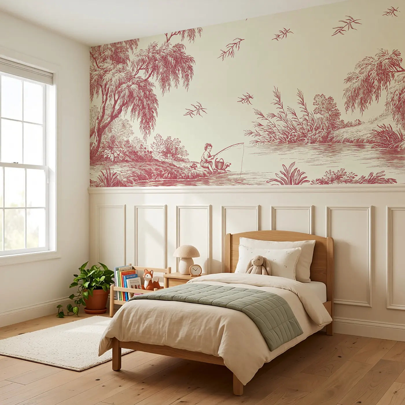 Children Hoop Rolling Toile Wainscoting Wallpaper styled in a kids bedroom by Whimsy Tots
