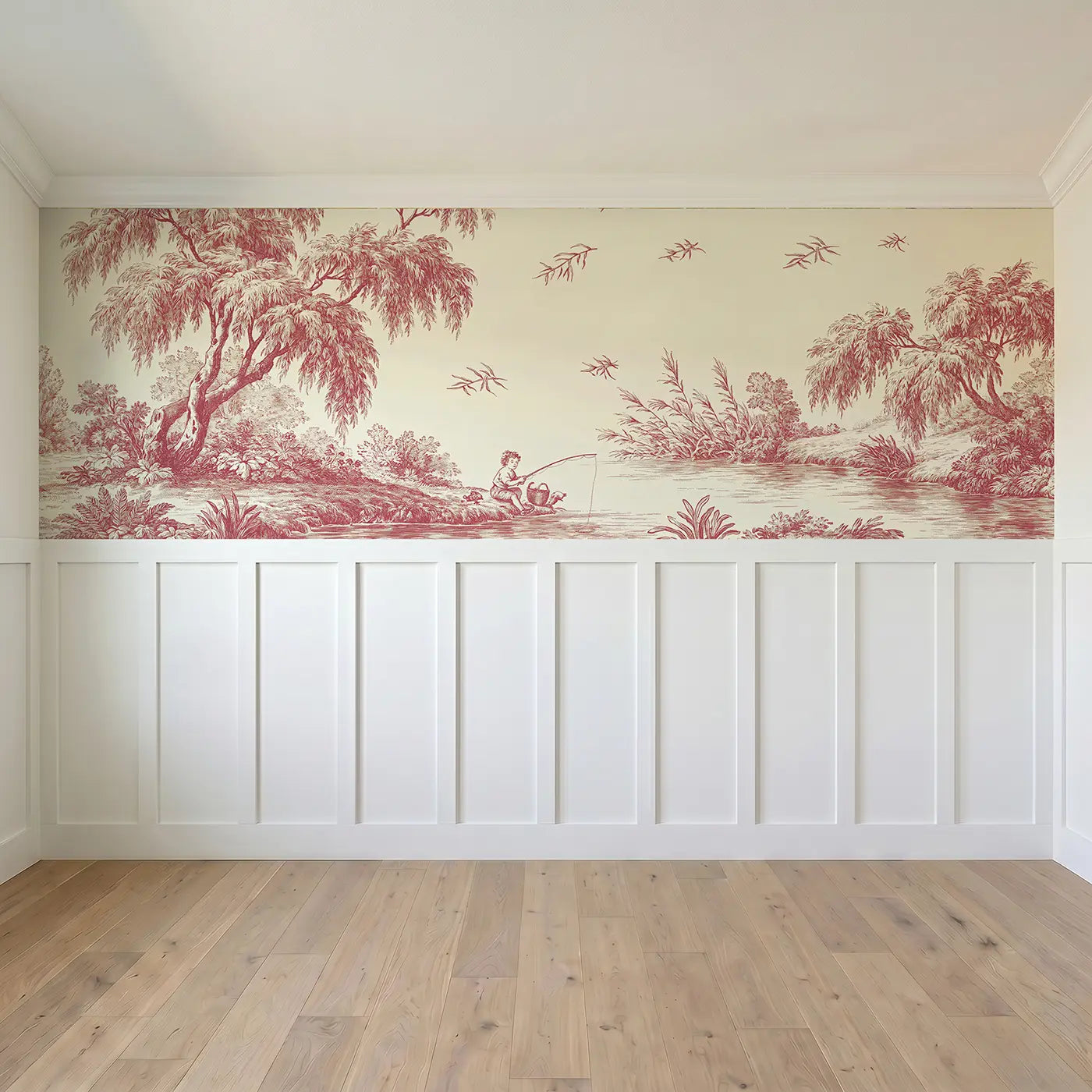 Full panel view of Children Hoop Rolling Toile Wainscoting Wallpaper by Whimsy Tots