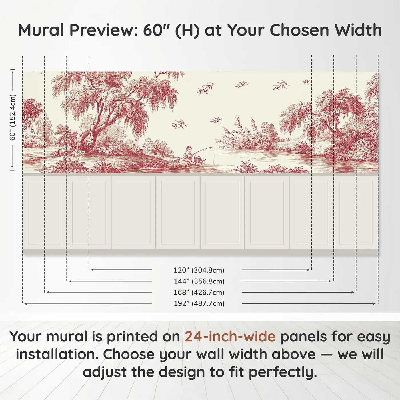 Panel dimensions for Children Hoop Rolling Toile Wainscoting Wallpaper by Whimsy Tots