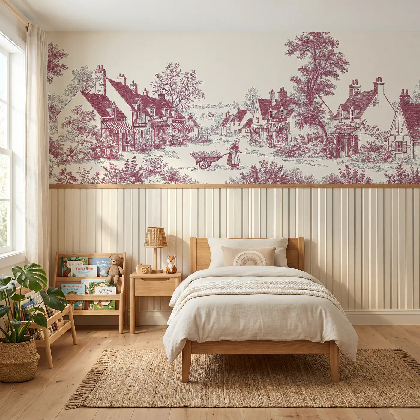Botanical Elegance bakery cart village toile wainscoting wallpaper for bedroom by Whimsy Tots.