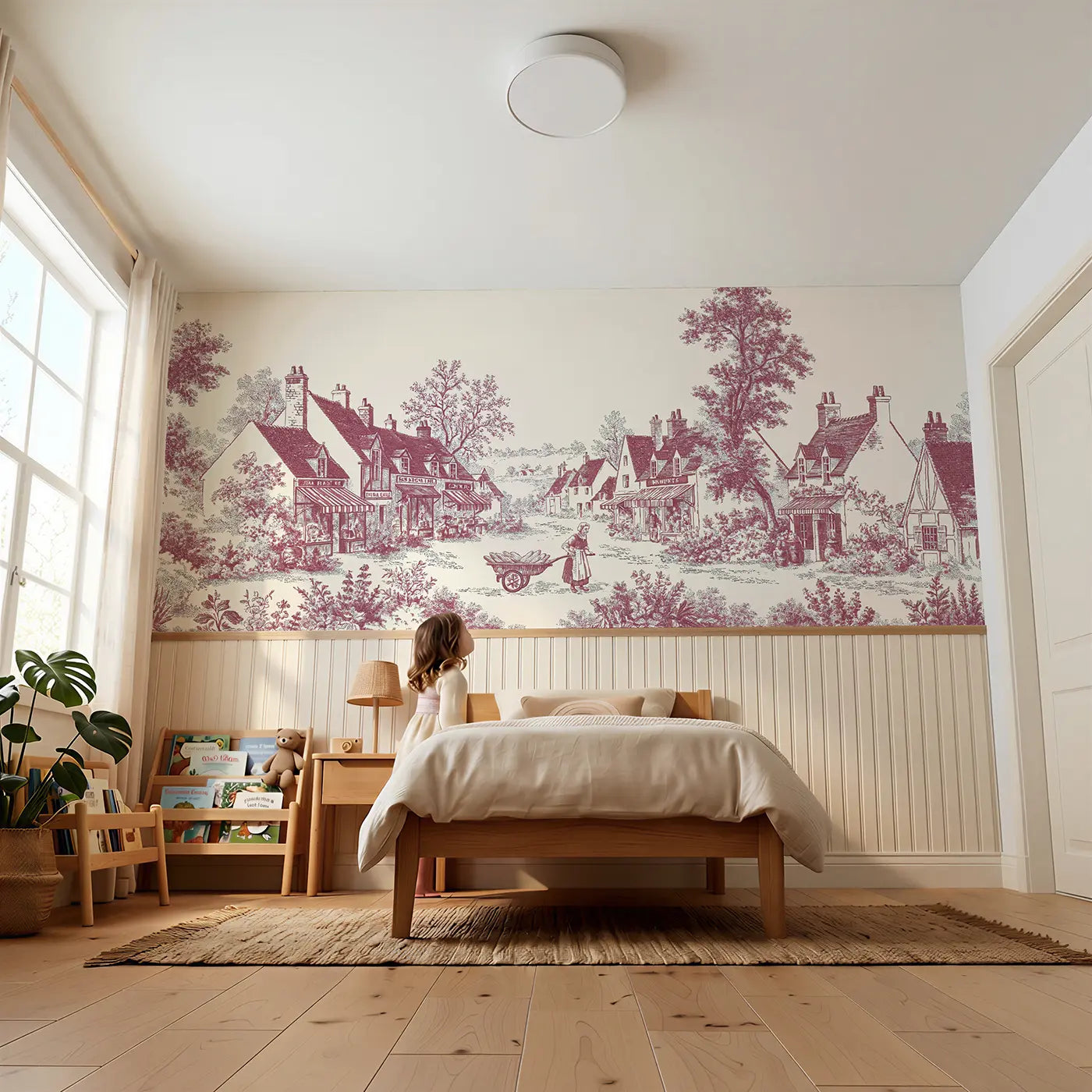Child reading near Bakery Cart Village Toile Wainscoting Wallpaper by Whimsy Tots