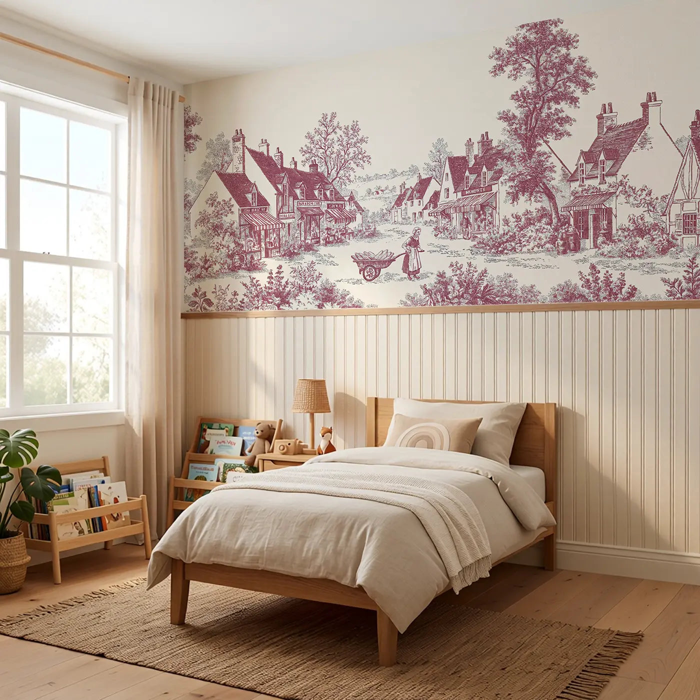 Bakery Cart Village Toile Wainscoting Wallpaper styled in a kids bedroom by Whimsy Tots