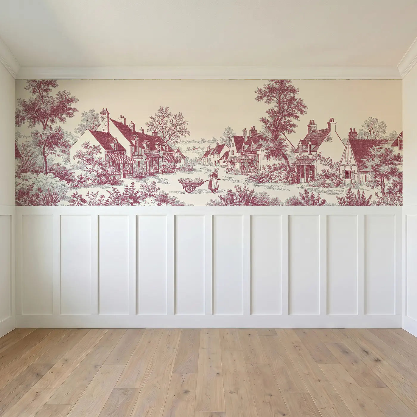 Full panel view of Bakery Cart Village Toile Wainscoting Wallpaper by Whimsy Tots