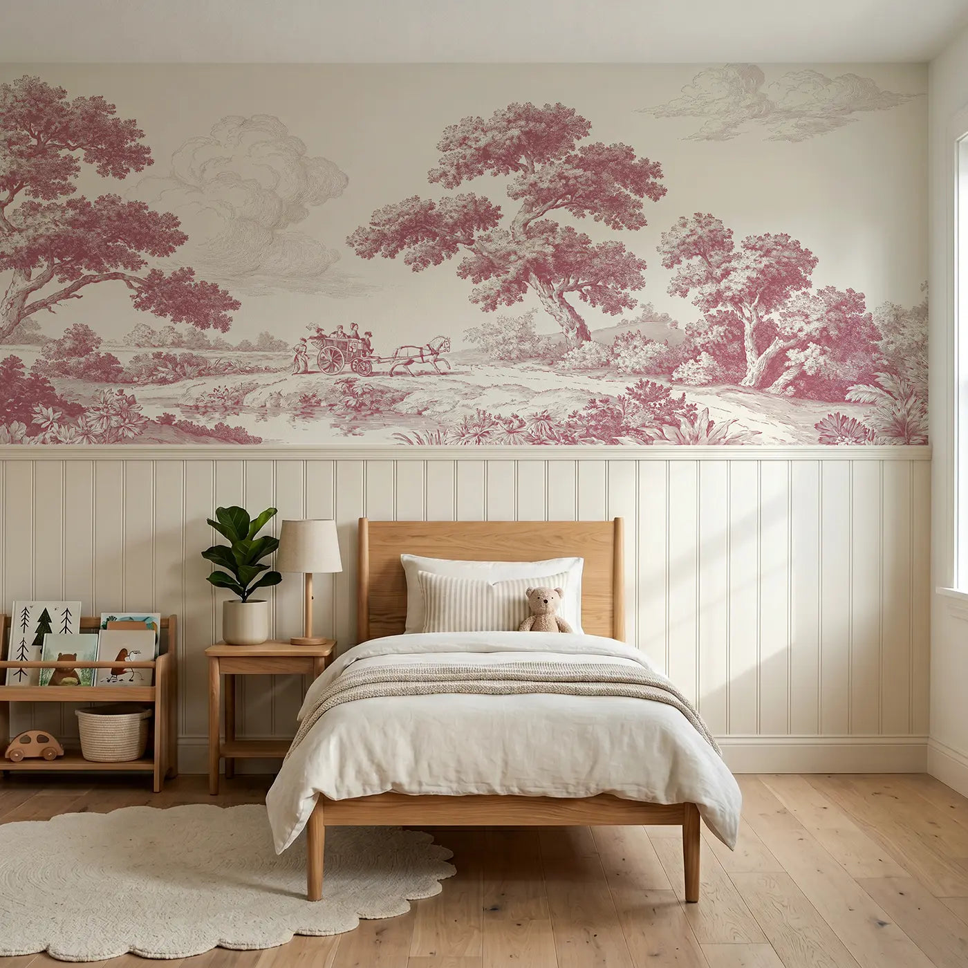 Botanical Elegance horse carriage country toile wainscoting wallpaper for bedroom by Whimsy Tots.