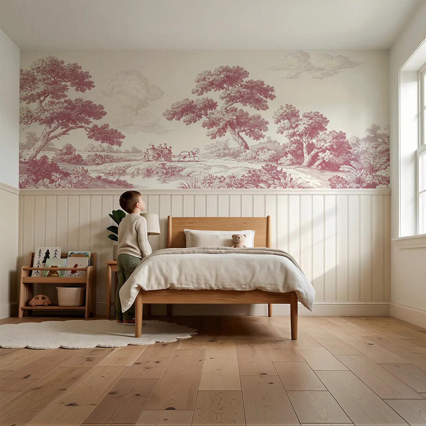 Child reading near Horse Carriage Country Red Toile Wainscoting Wallpaper by Whimsy Tots