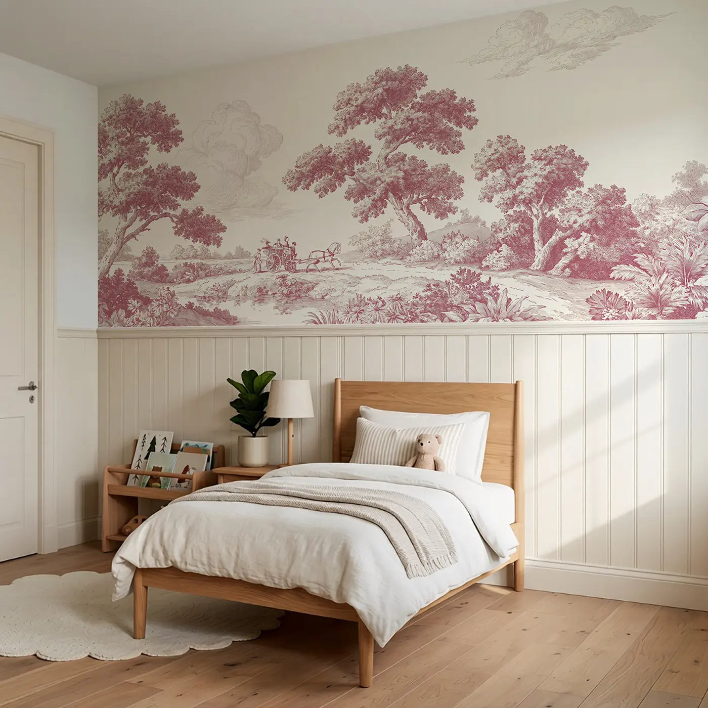 Horse Carriage Country Red Toile Wainscoting Wallpaper styled in a kids bedroom by Whimsy Tots
