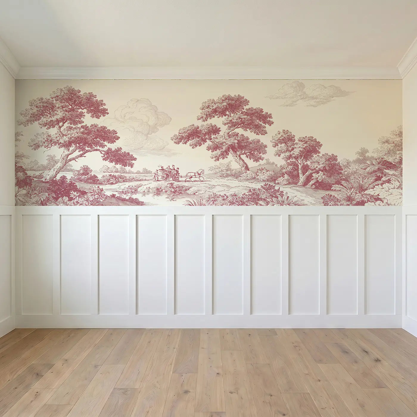Full panel view of Horse Carriage Country Red Toile Wainscoting Wallpaper by Whimsy Tots