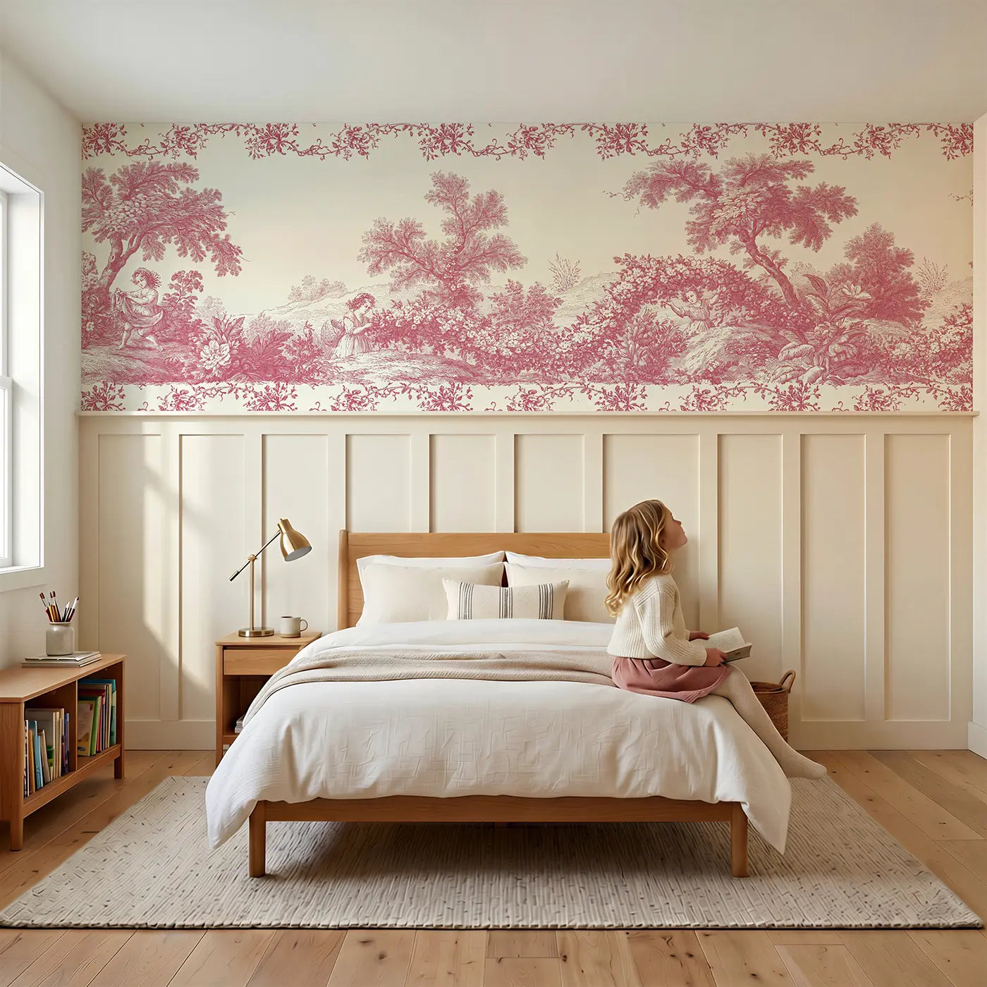 Child reading near Flower Garland Maiden Toile Wainscoting Wallpaper by Whimsy Tots