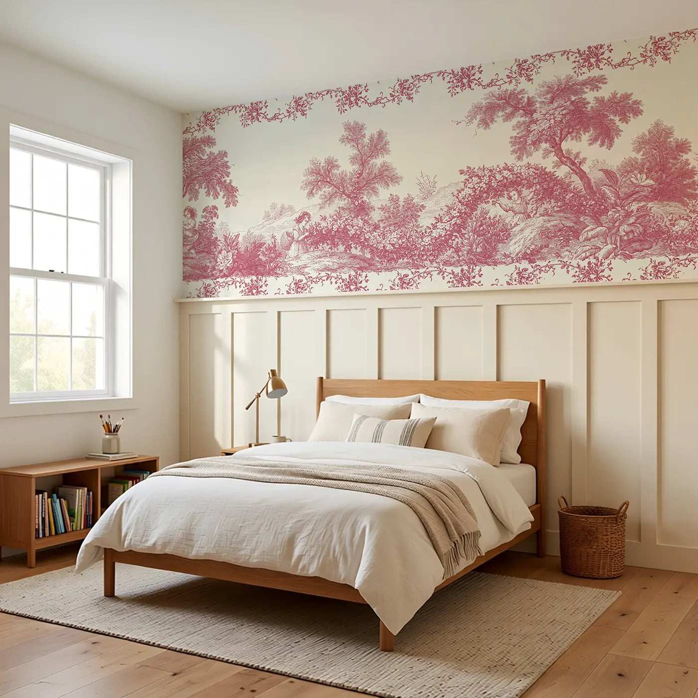 Flower Garland Maiden Toile Wainscoting Wallpaper styled in a kids bedroom by Whimsy Tots