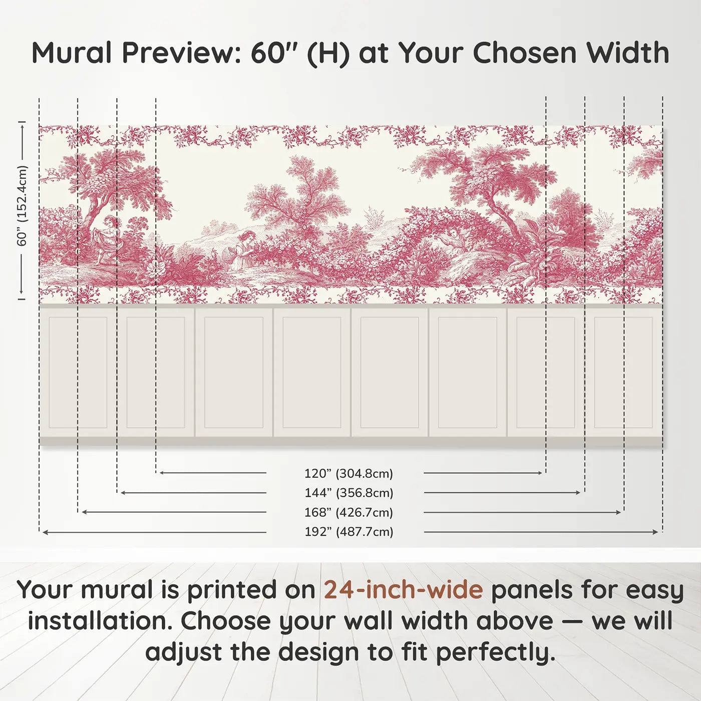 Panel dimensions for Flower Garland Maiden Toile Wainscoting Wallpaper by Whimsy Tots
