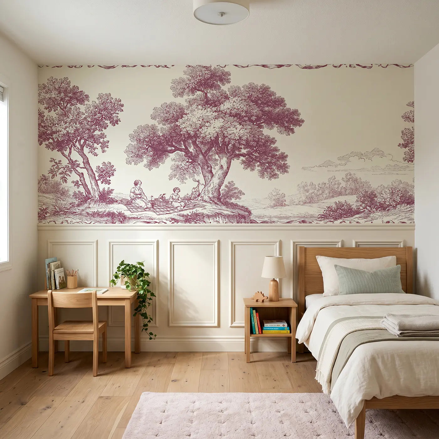 Botanical Elegance picnic blanket pastoral red toile wainscoting wallpaper for bedroom by Whimsy Tots.