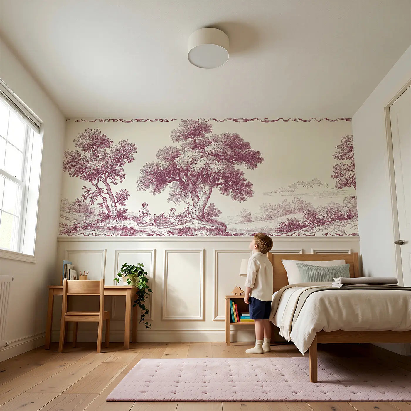 Child reading near Picnic Blanket Pastoral Red Wainscoting Wallpaper by Whimsy Tots