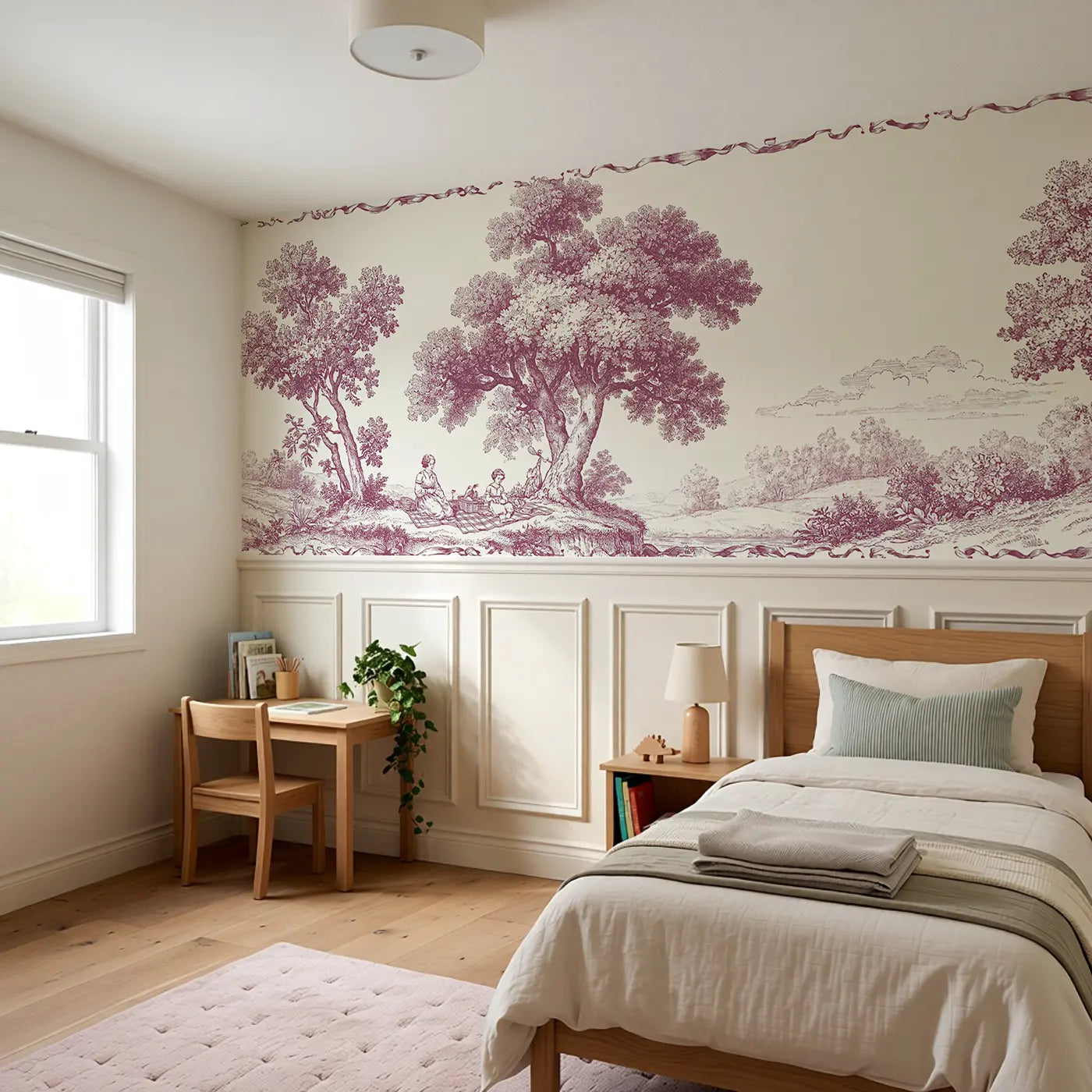 Picnic Blanket Pastoral Red Wainscoting Wallpaper styled in a kids bedroom by Whimsy Tots