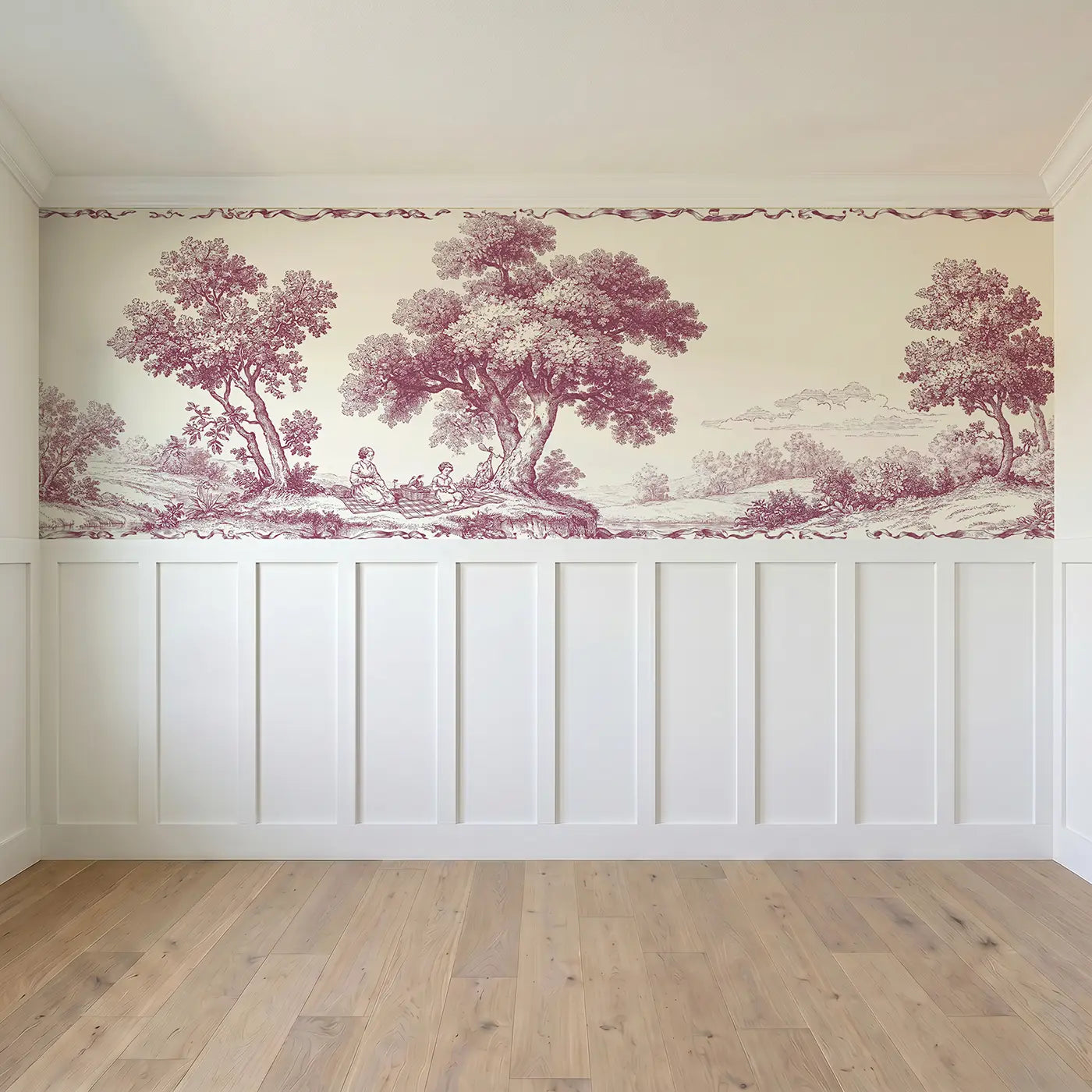 Full panel view of Picnic Blanket Pastoral Red Wainscoting Wallpaper by Whimsy Tots