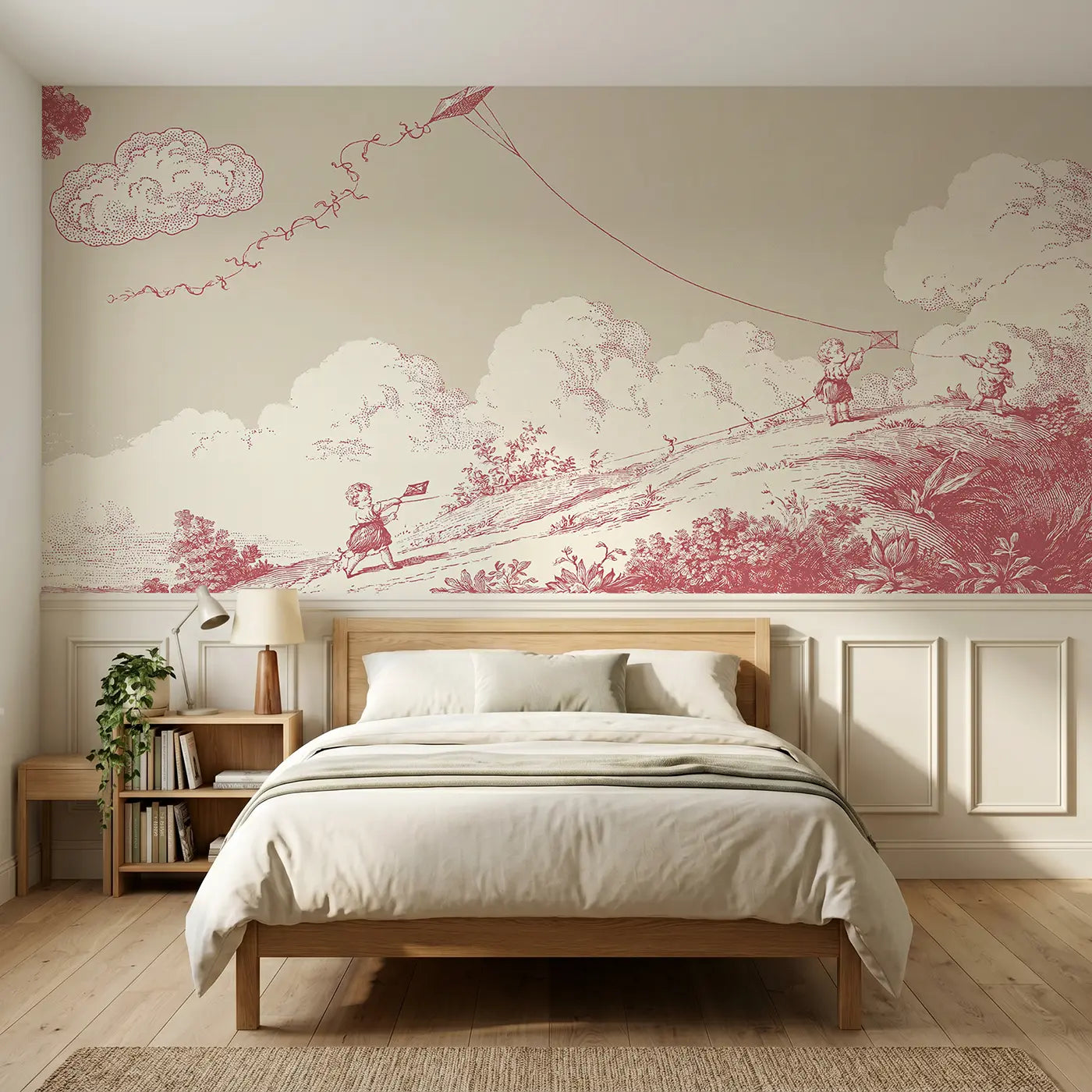 Botanical Elegance kite flying hill red toile wainscoting wallpaper for bedroom by Whimsy Tots.