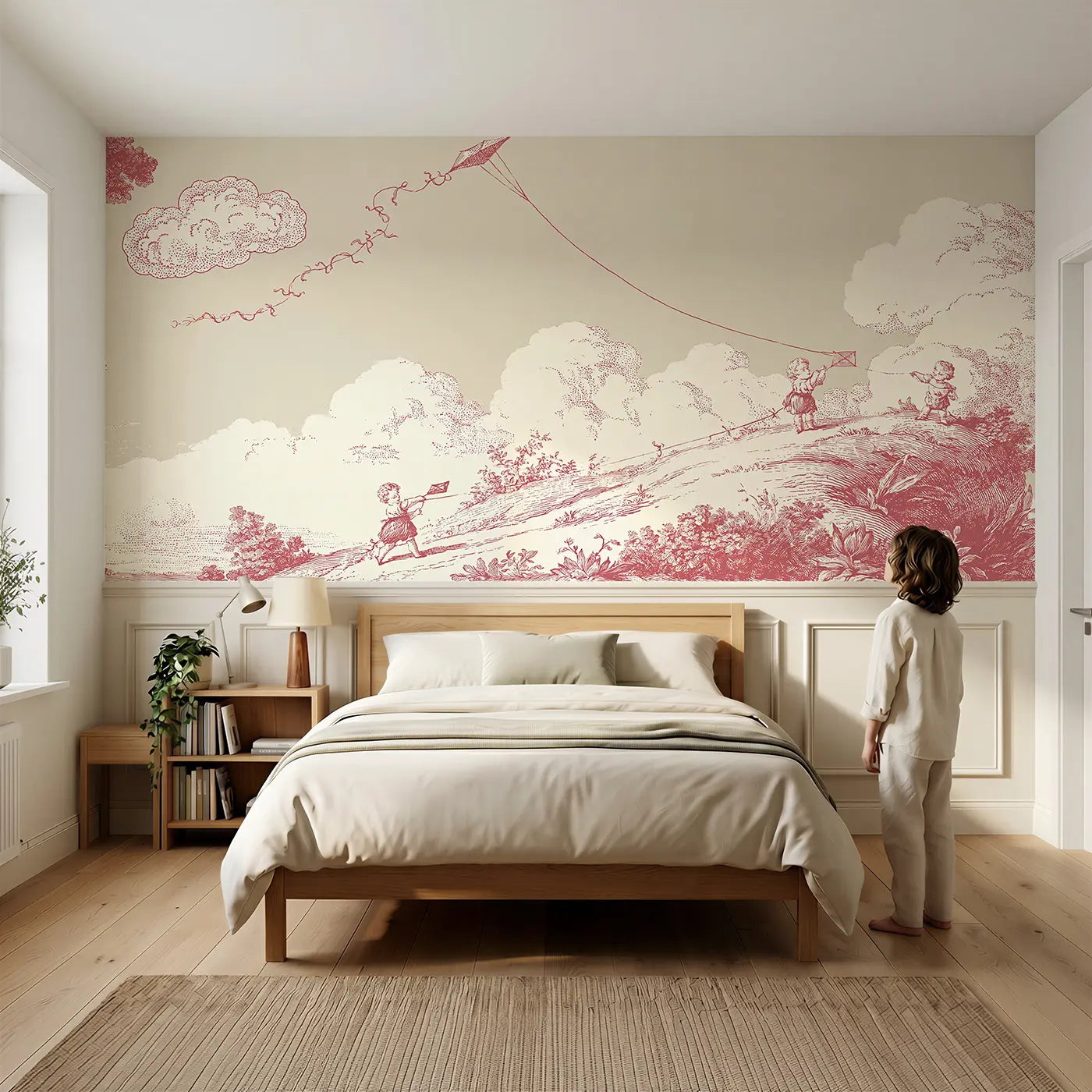 Child reading near Kite Flying Hill Toile Wainscoting Wallpaper by Whimsy Tots