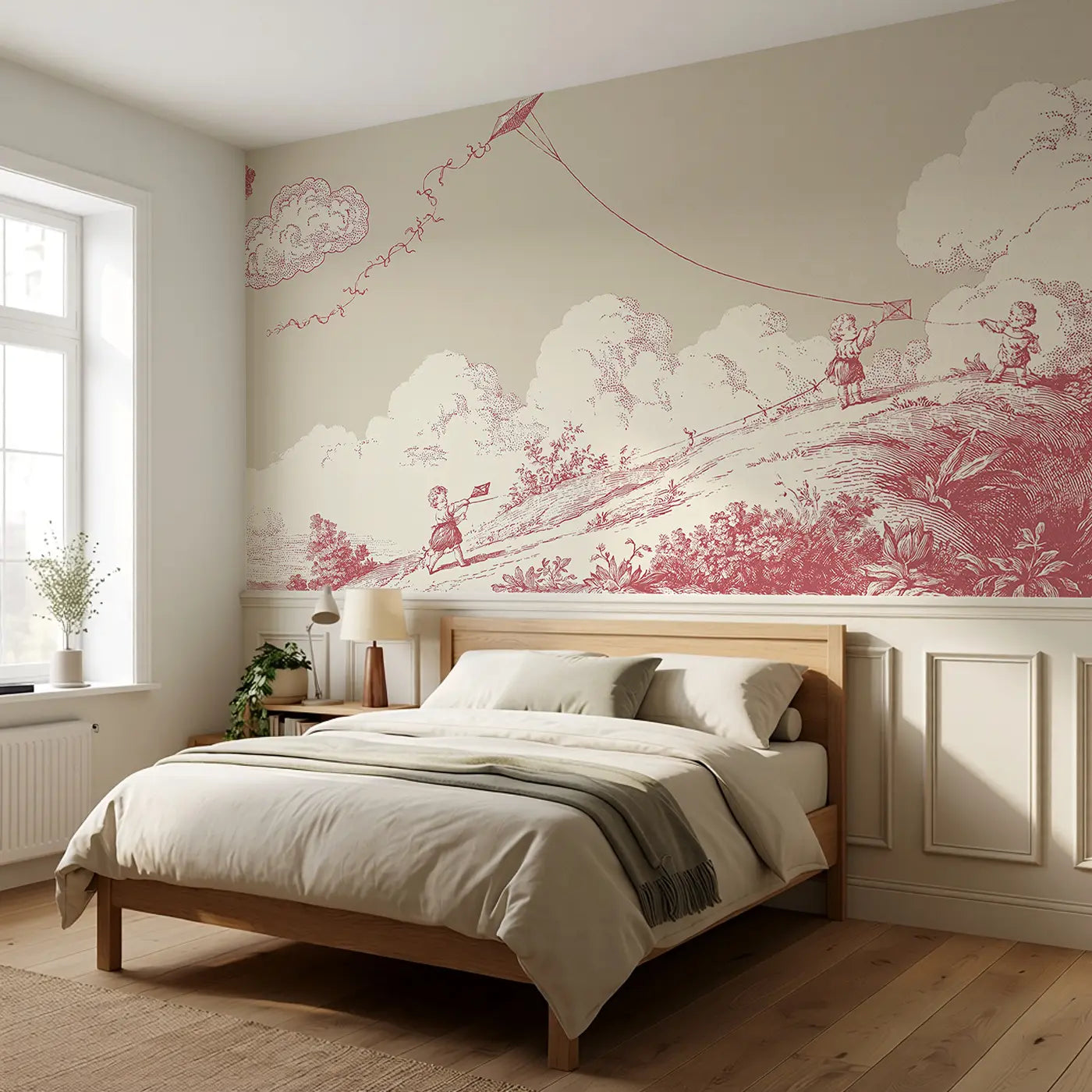 Kite Flying Hill Toile Wainscoting Wallpaper styled in a kids bedroom by Whimsy Tots