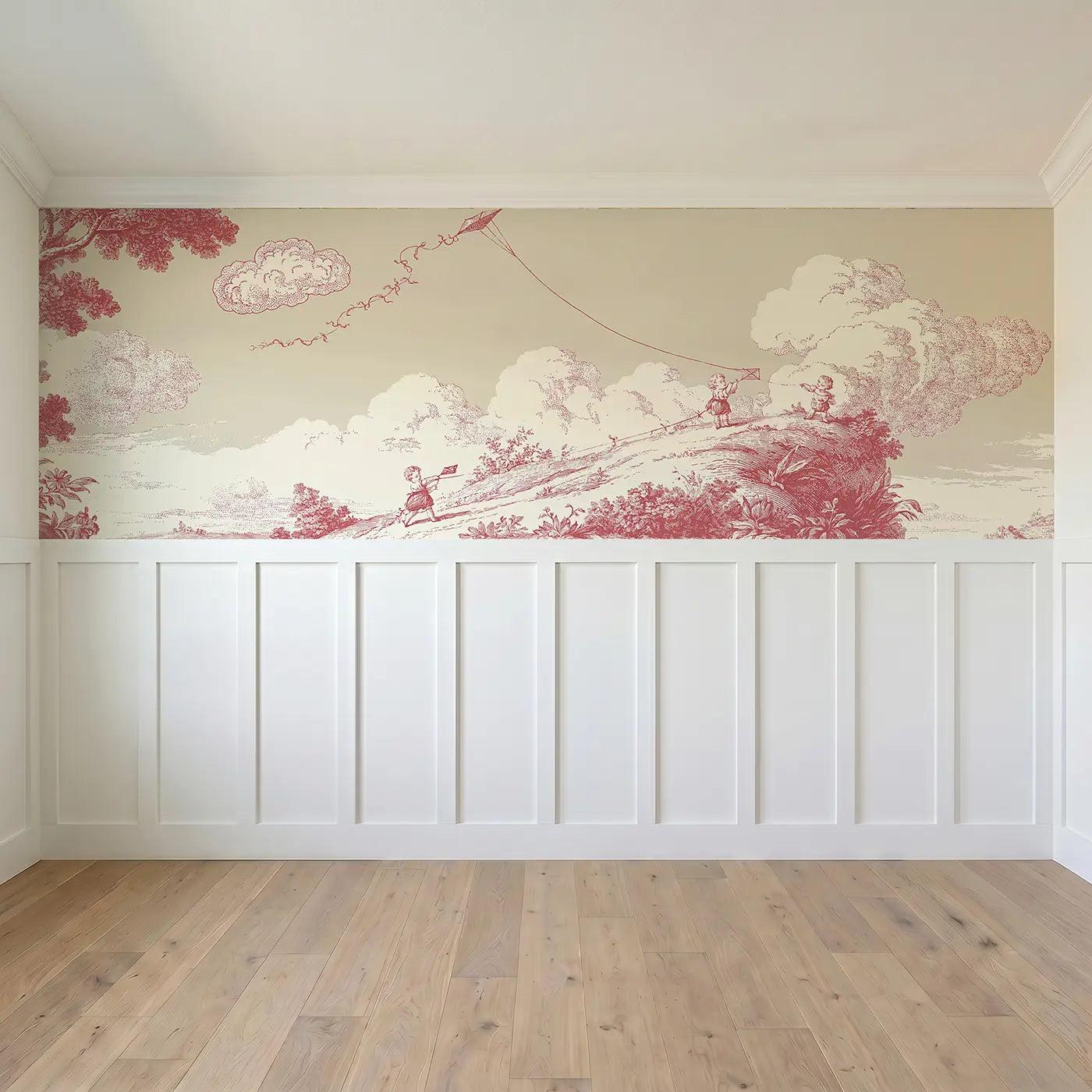 Full panel view of Kite Flying Hill Toile Wainscoting Wallpaper by Whimsy Tots
