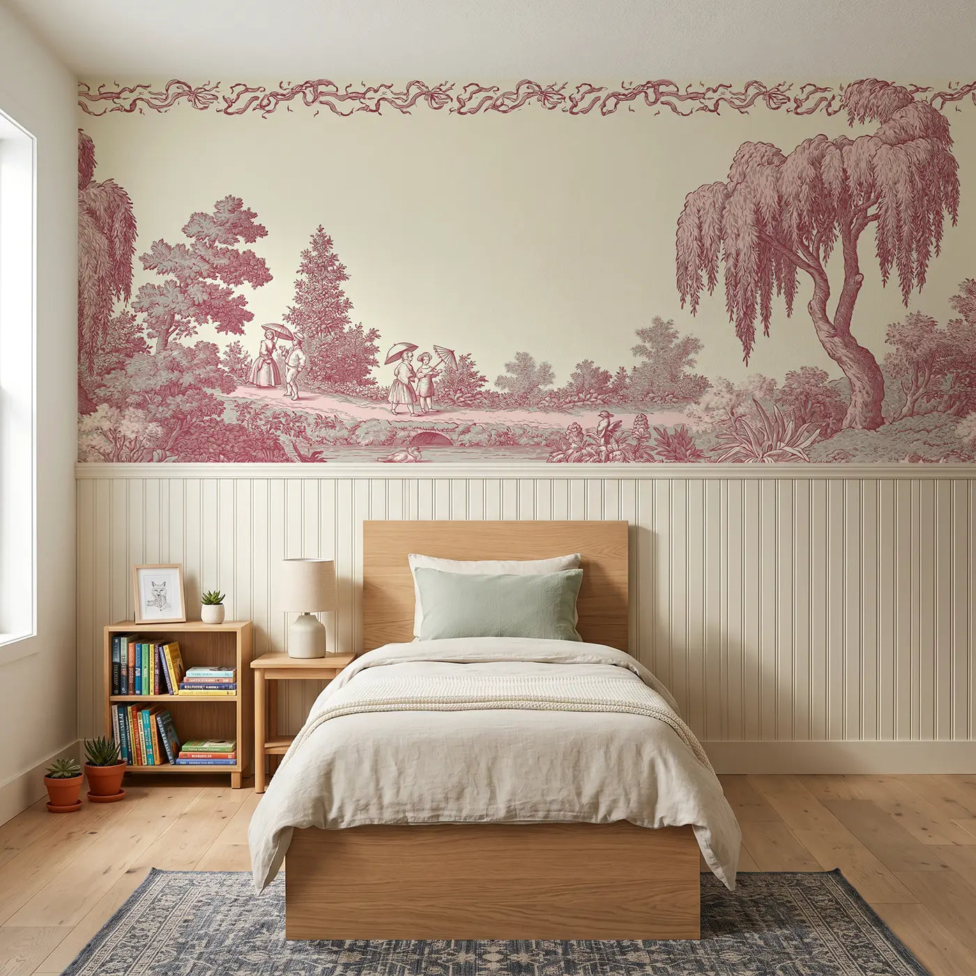 Botanical Elegance Sunday walk parasols red toile wainscoting wallpaper for bedroom by Whimsy Tots.