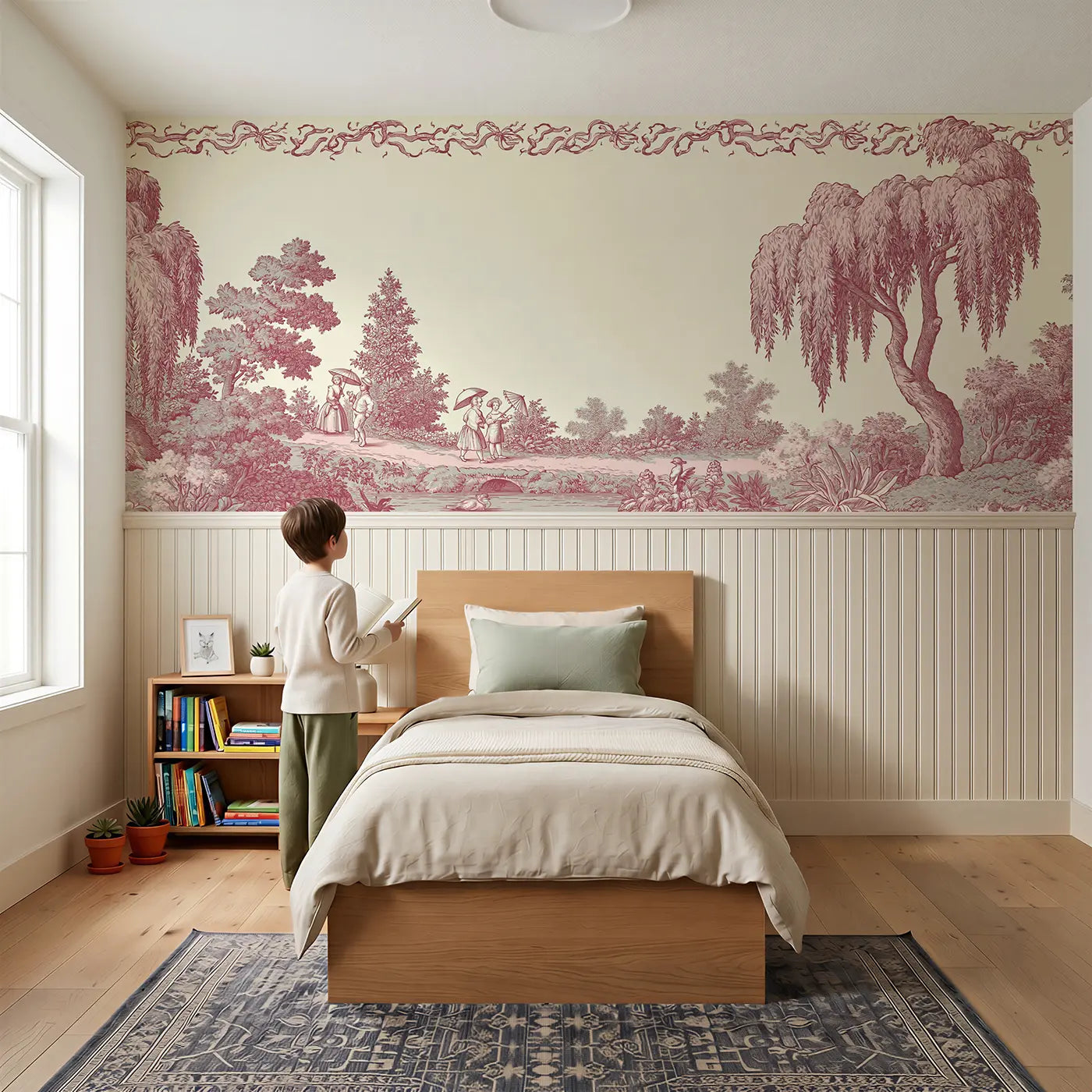 Child reading near Sunday Walk Parasols Toile Wainscoting Wallpaper by Whimsy Tots