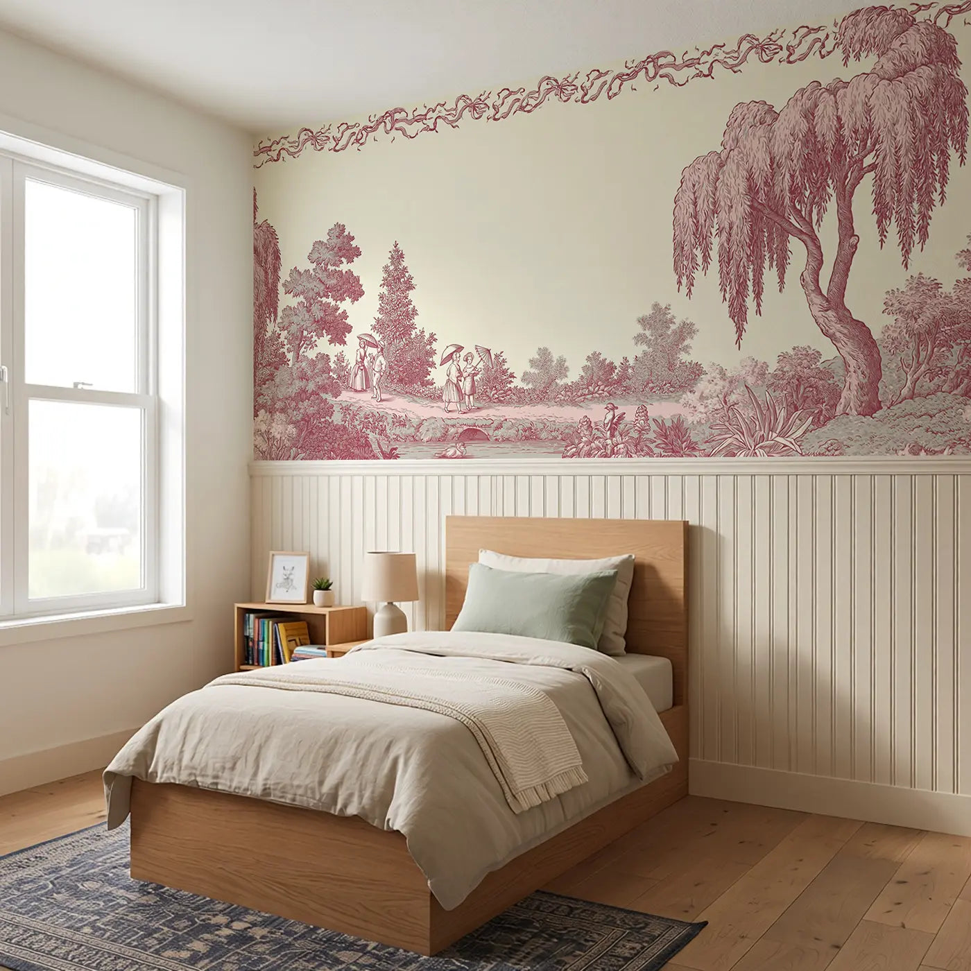 Sunday Walk Parasols Toile Wainscoting Wallpaper styled in a kids bedroom by Whimsy Tots