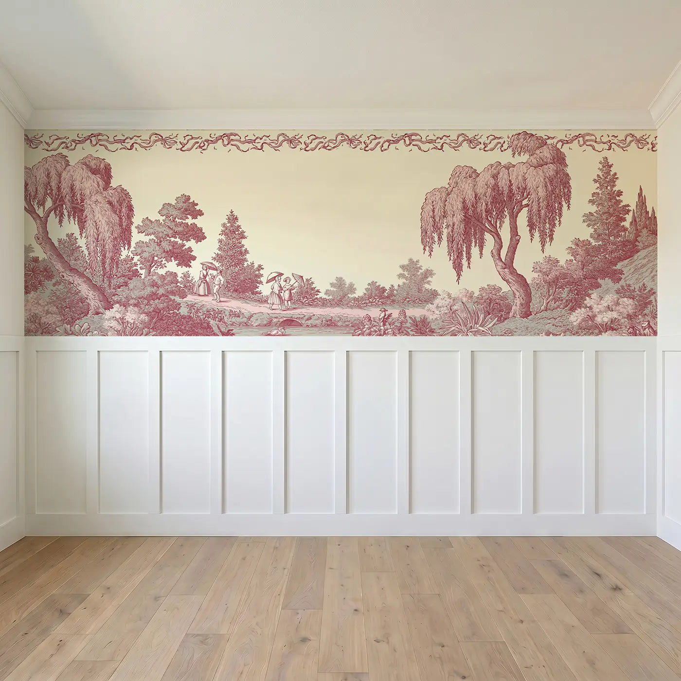 Full panel view of Sunday Walk Parasols Toile Wainscoting Wallpaper by Whimsy Tots